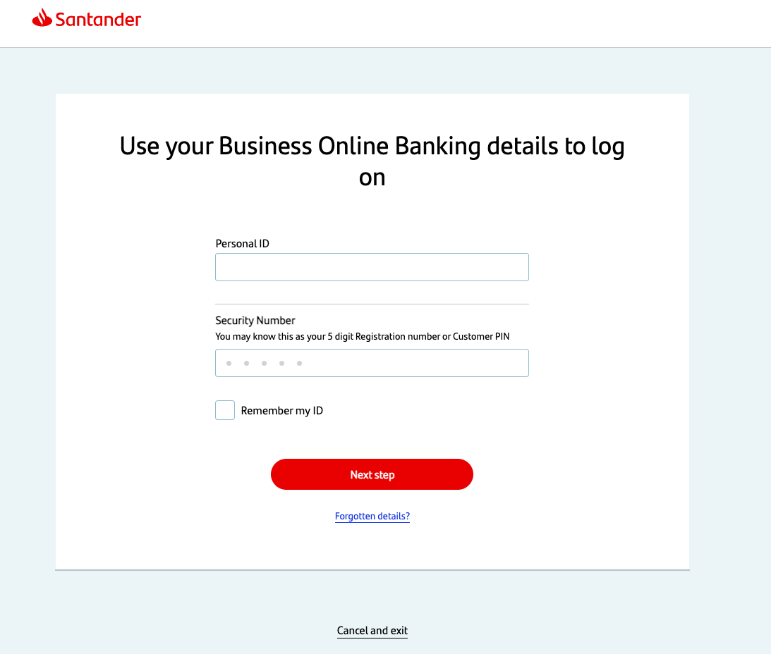 Santander's online banking log in page.