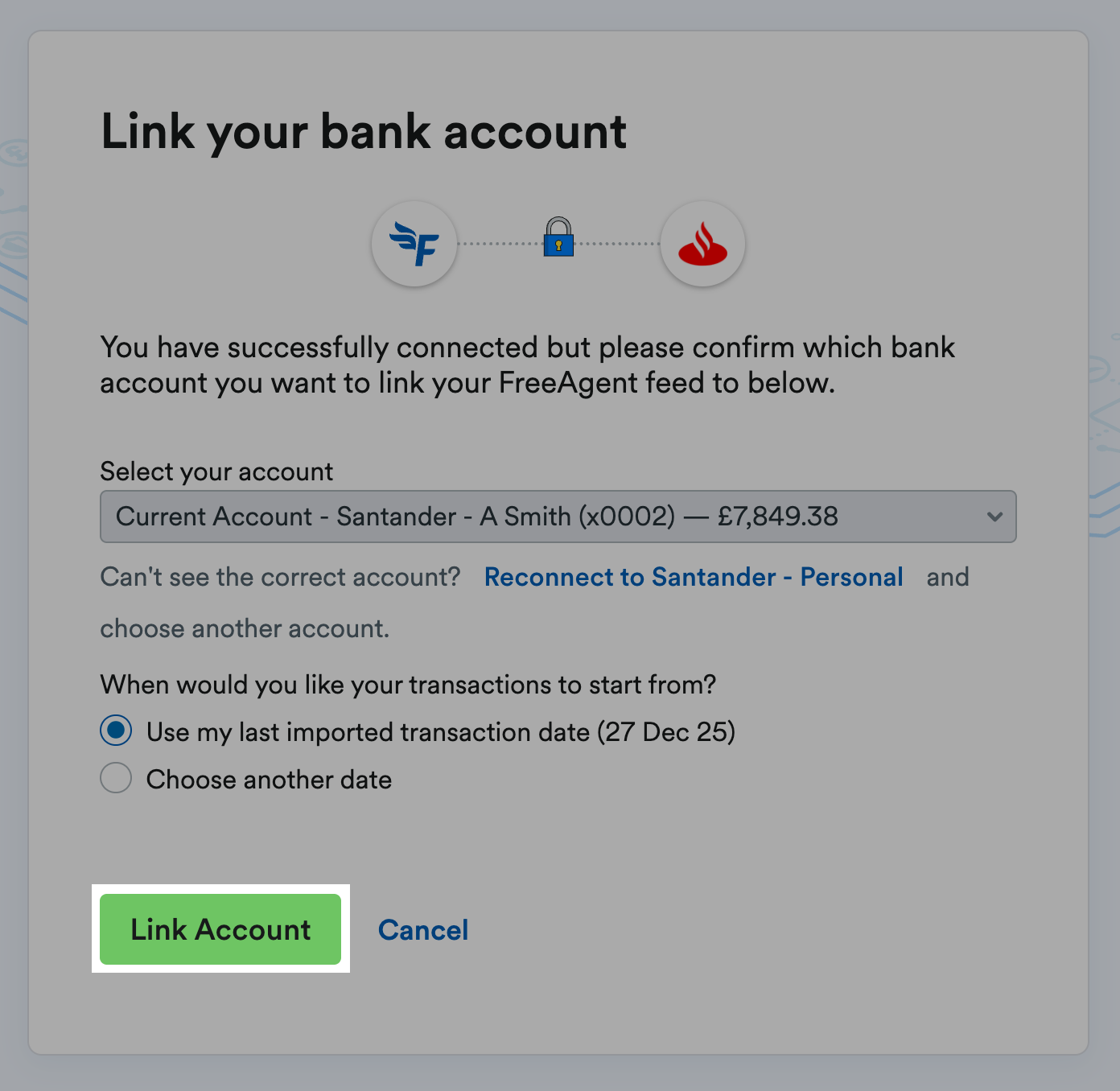 'Link Account' button highlighted in Link your bank account pop up window.