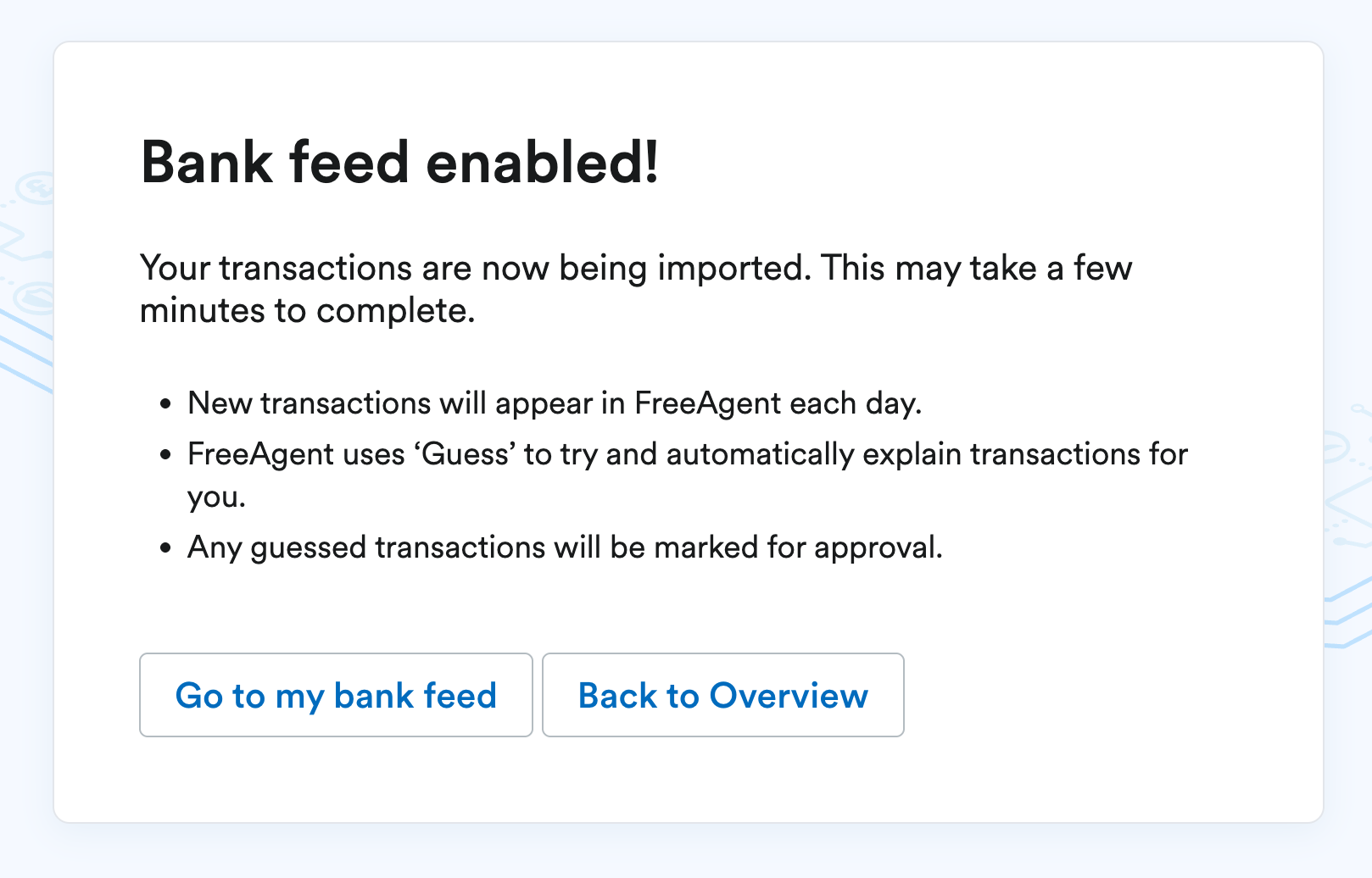 'Bank feed enabled!' pop up window.
