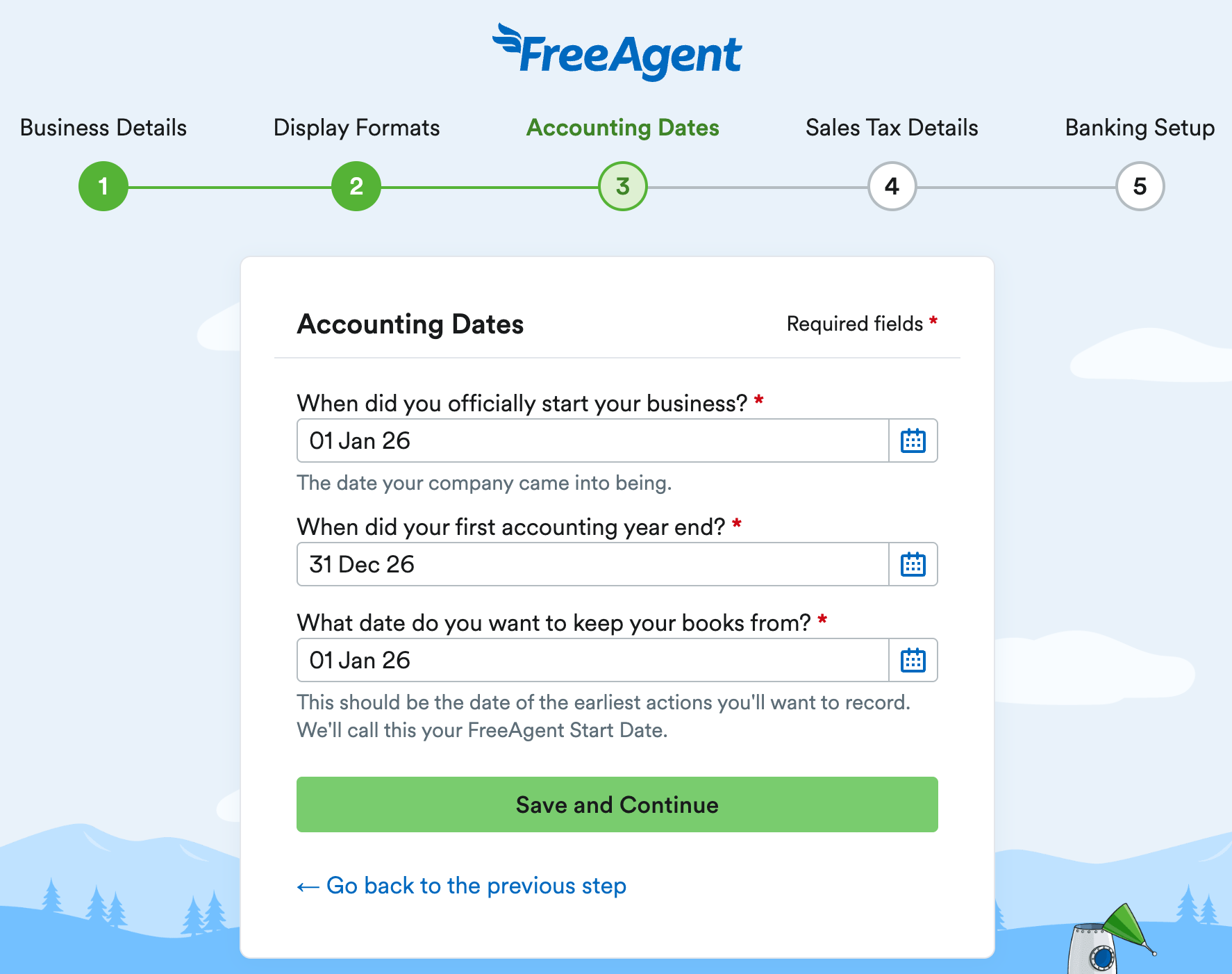 Accounting Dates section of FreeAgent set up for entering your business's accounting dates