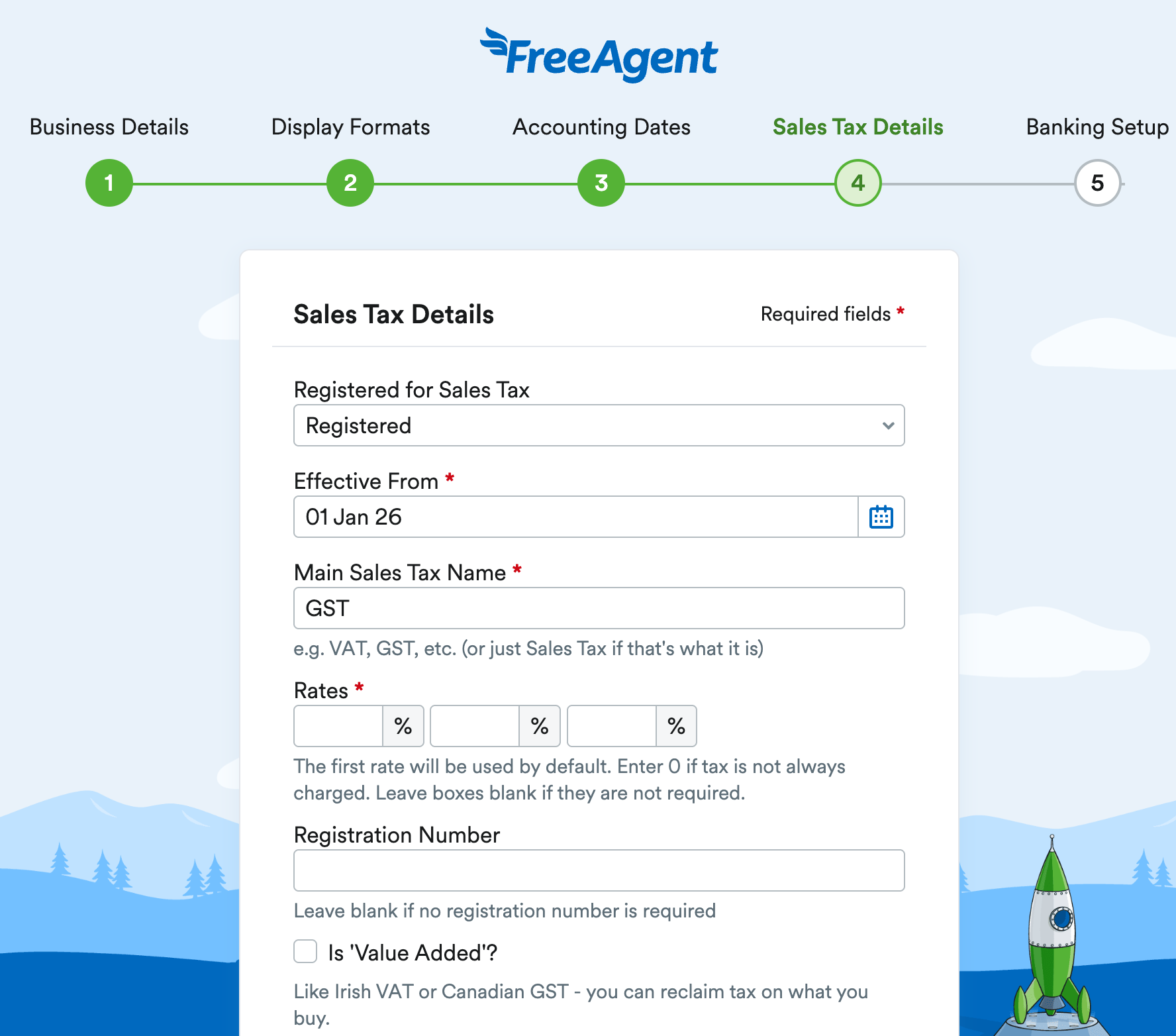 Sales Tax Details section of FreeAgent set up for entering your business's Sales Tax details