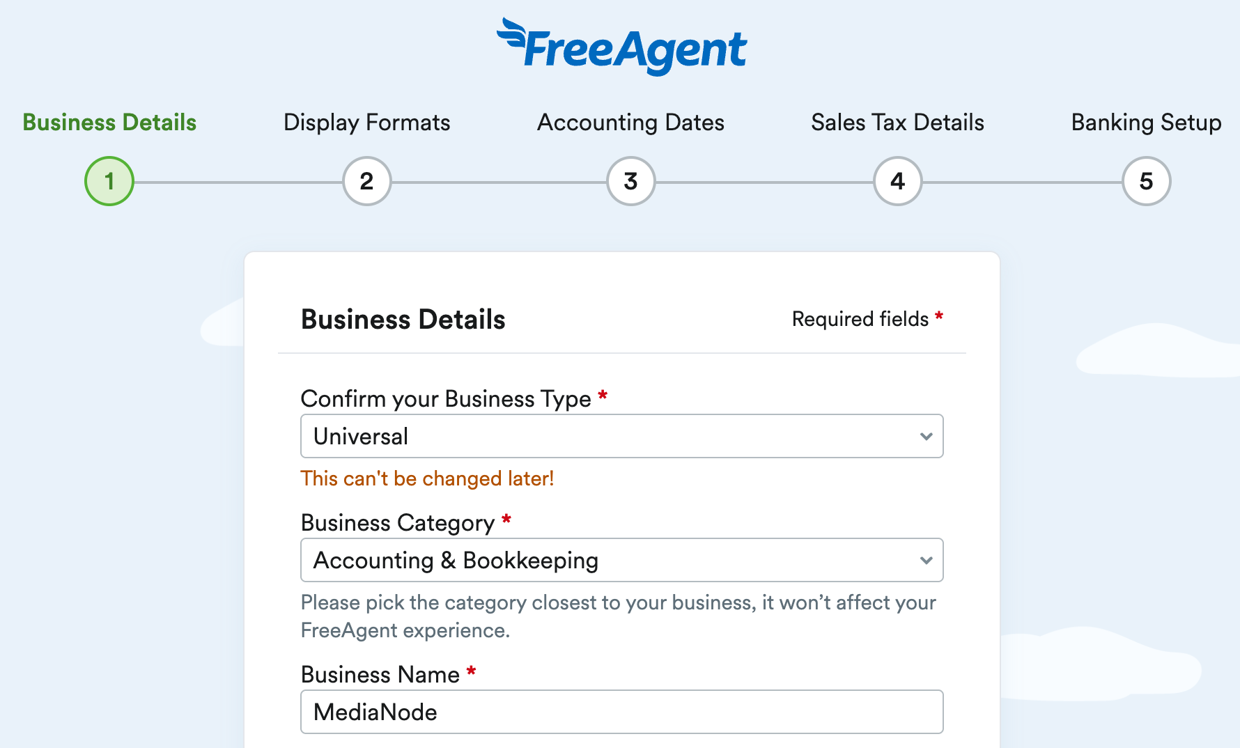 Business details page of FreeAgent set up for entering business type and category