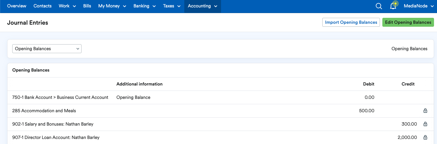 Example of opening balances having been entered in FreeAgent