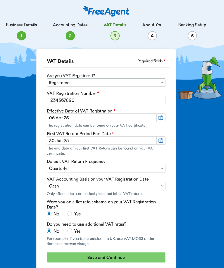 VAT Details section of FreeAgent set up for entering your business's VAT details
