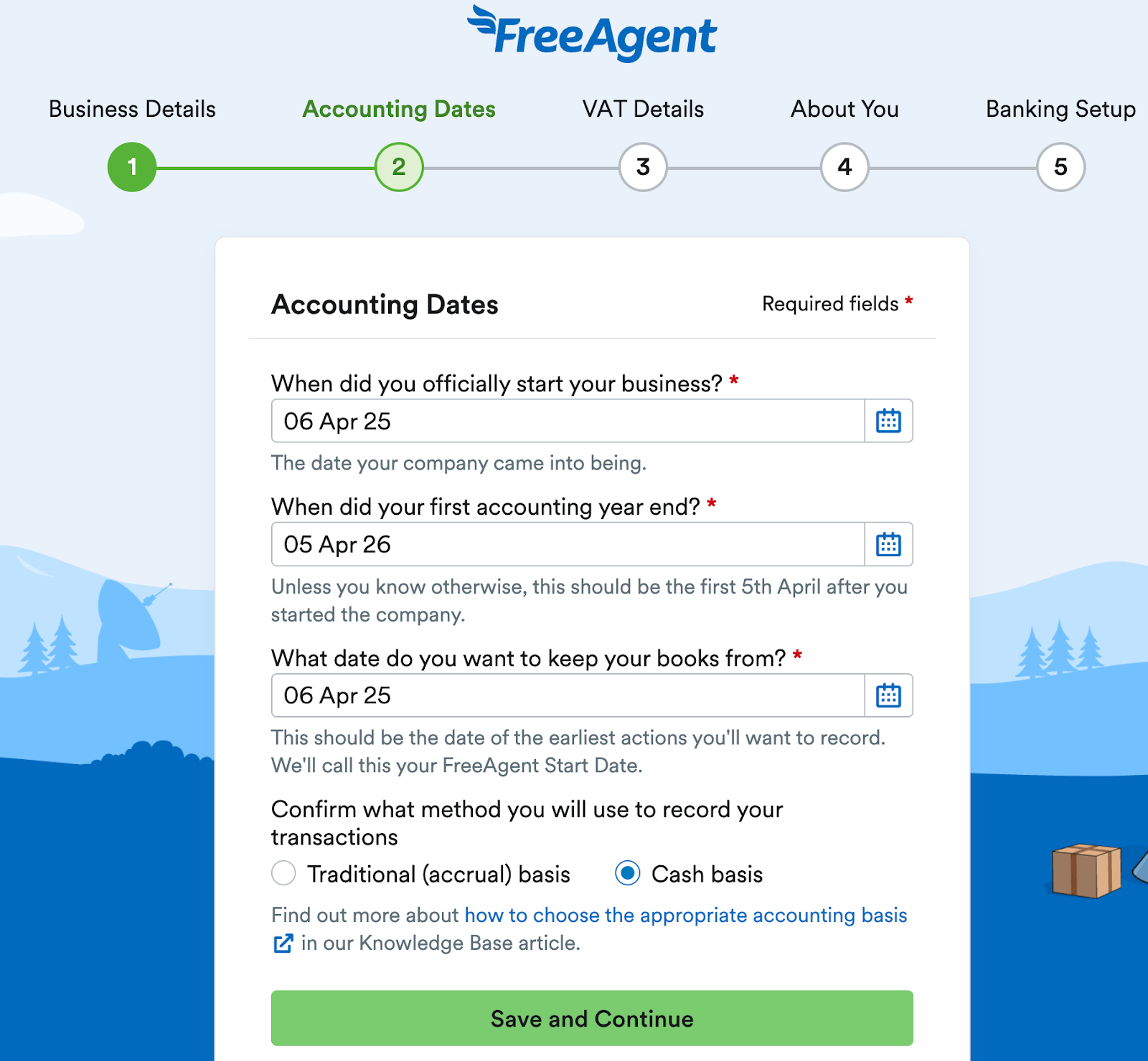Accounting Dates section of FreeAgent set up for entering your business's accounting dates