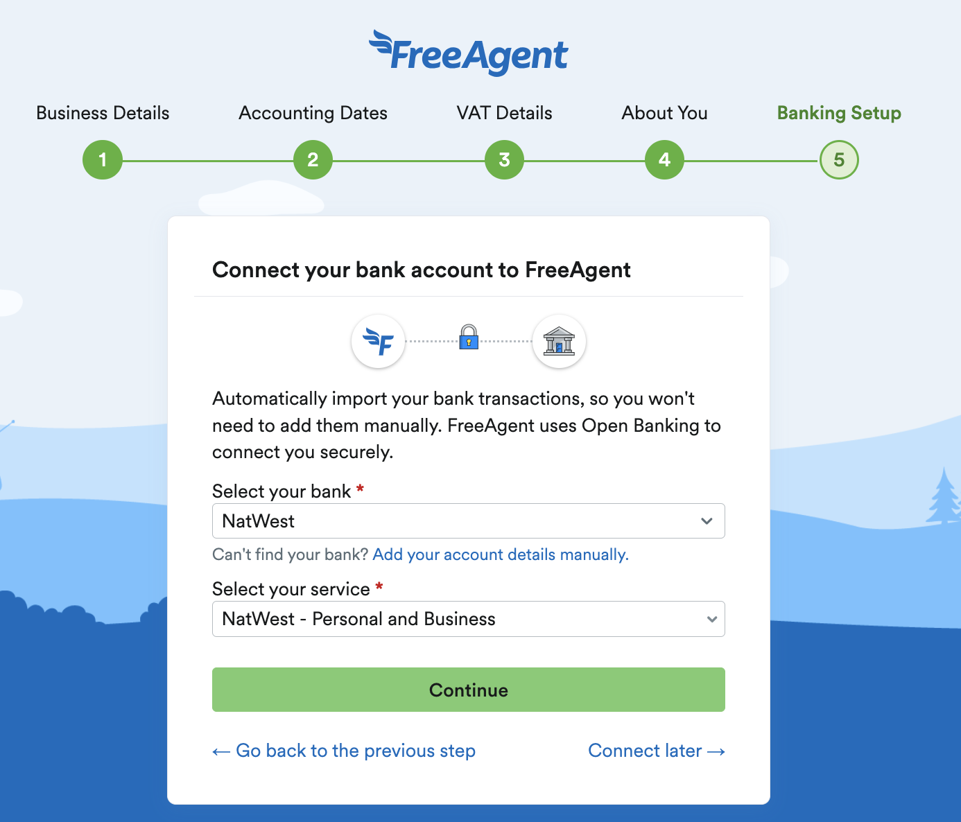 Banking Setup section of FreeAgent set up for connecting your bank account to FreeAgent