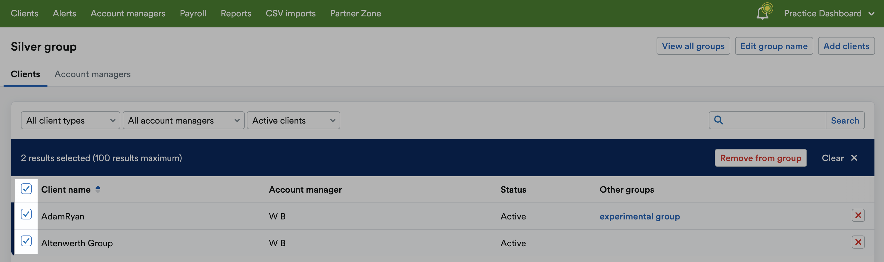 Checkboxes selected next to listed clients.