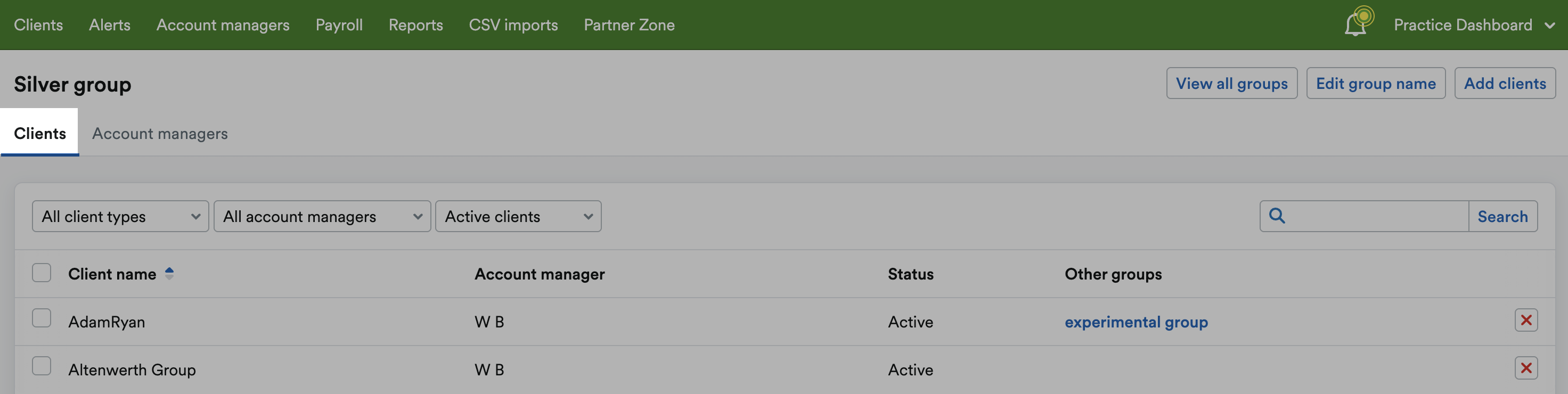 'Clients' tab highlighted within group page.