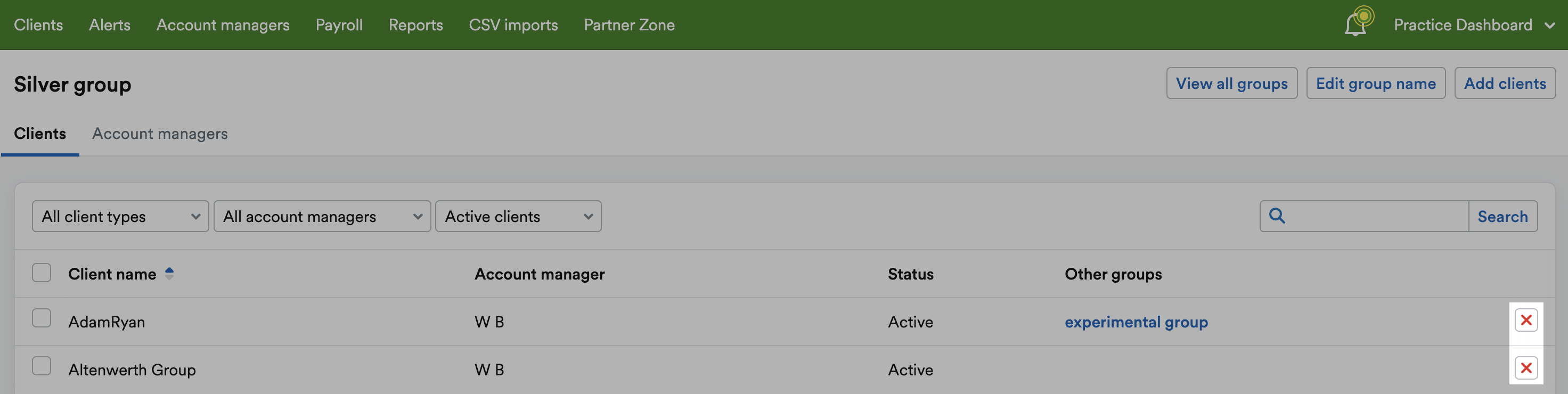 Red cross (’x’) button highlighted next to listed clients.