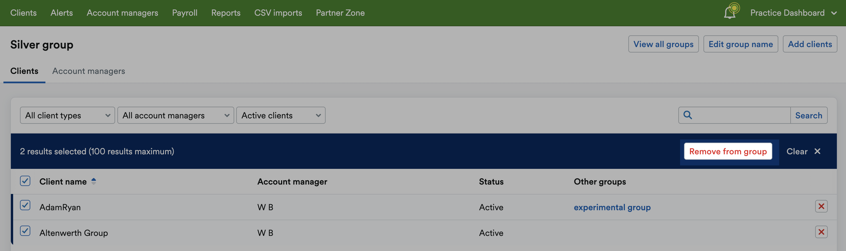 'Remove from group' button highlighted in bulk removal bar.