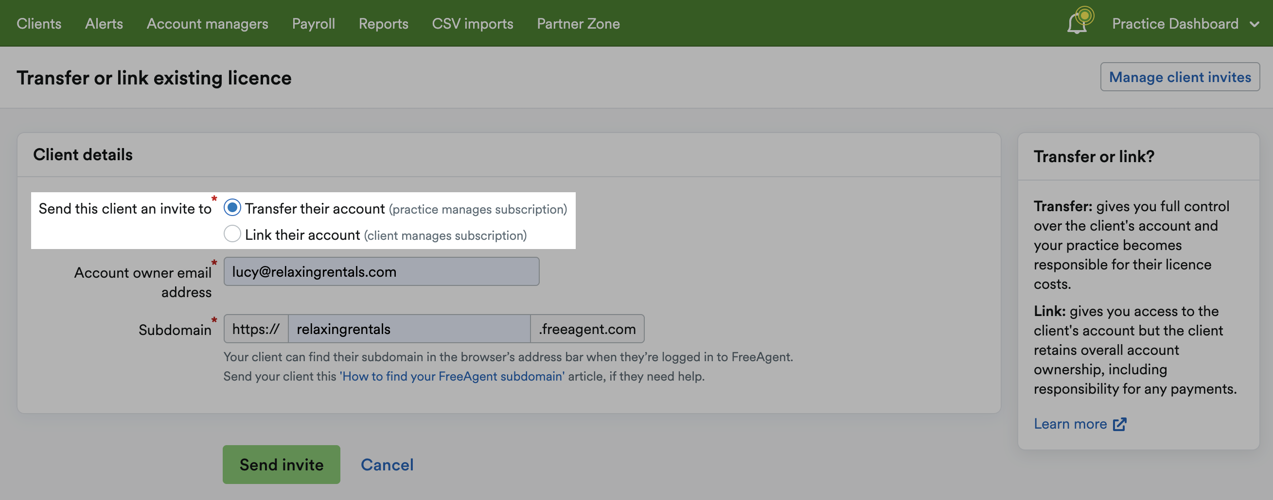 Checkbox to send client an invite to 'Transfer their account' ticked and highlighted.