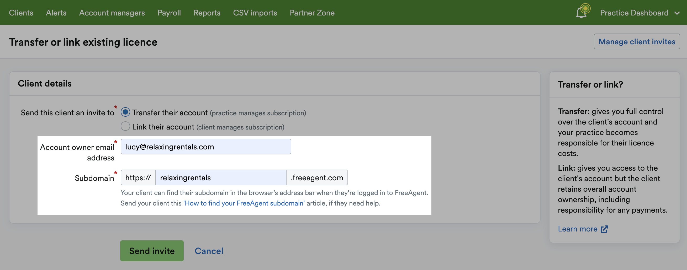 Fields to enter Account owner email address and Subdomain.