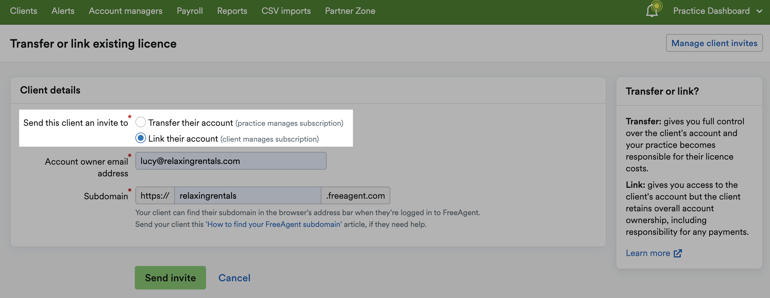 Checkbox to send client an invite to 'Link their account' ticked and highlighted.