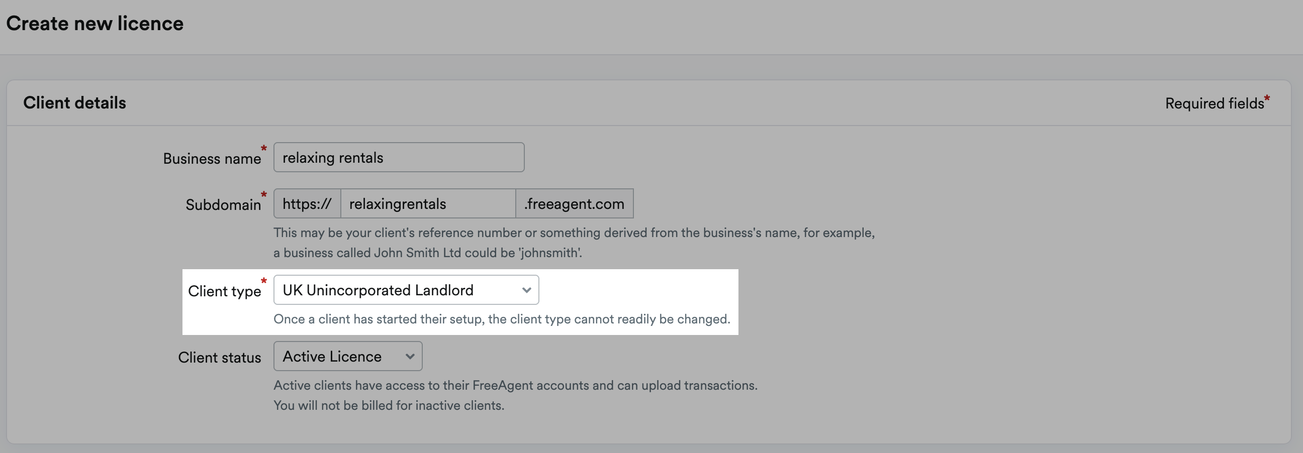 Client type field highlighted with 'UK Unincorporated Landlord' selected.