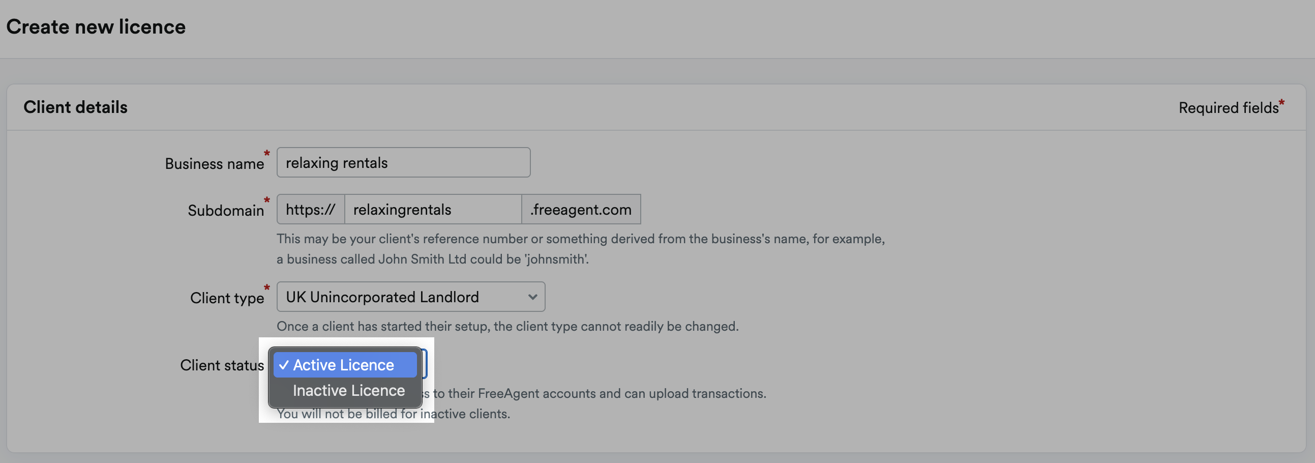Options to choose from 'Active licence' and 'Inactive Licence' on Client status drop down menu.