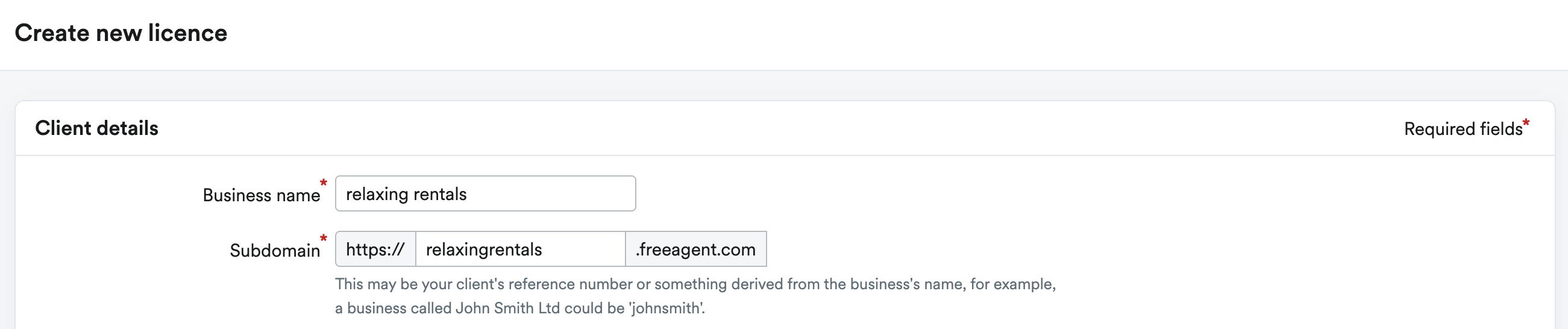 Client details section with fields to enter Business name and Subdomain.