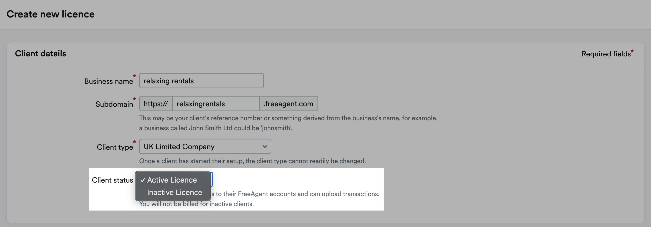 Client status flied highlighted with options to choose 'Active Licence' or 'Inactive Licence'.