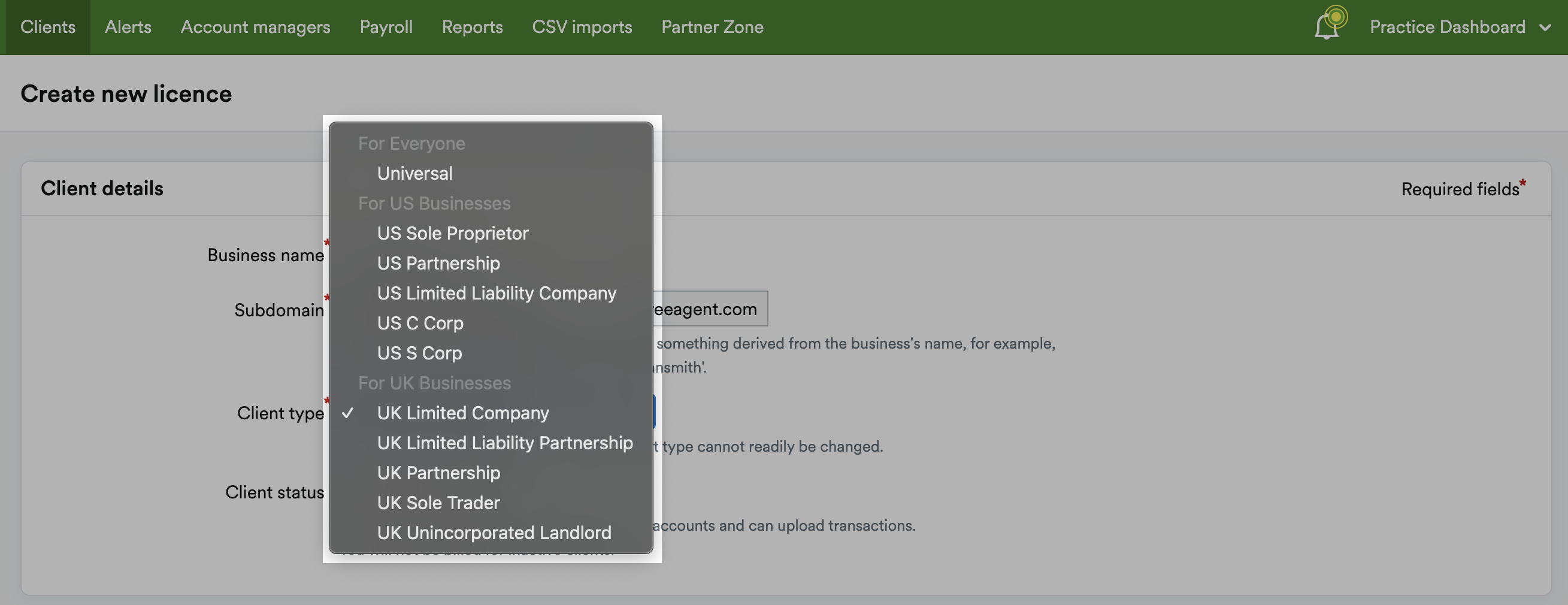 Client types listed in drop down menu.
