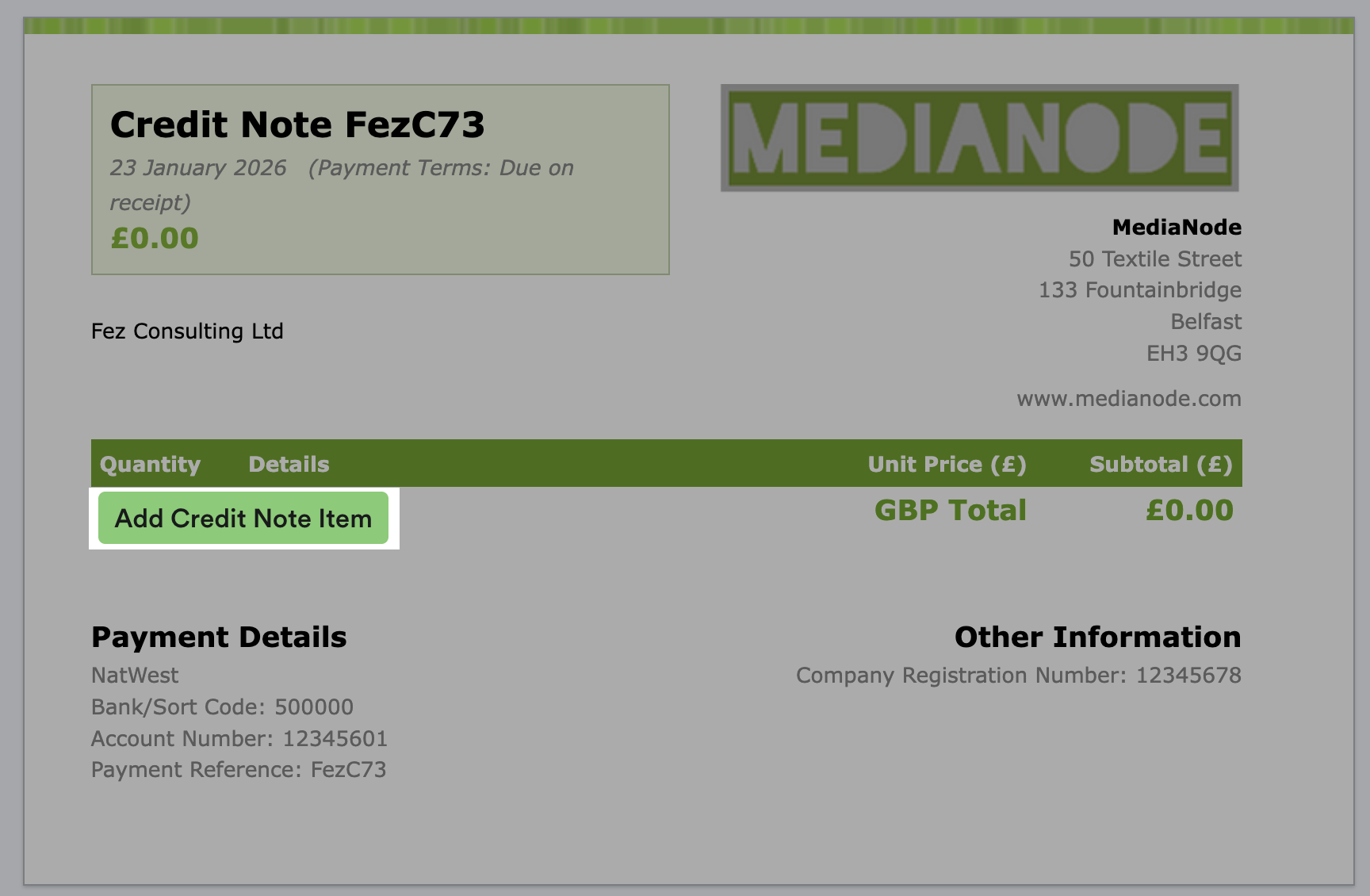 Example of credit note being created