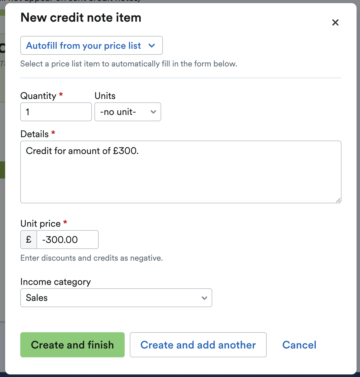 New credit note item screen