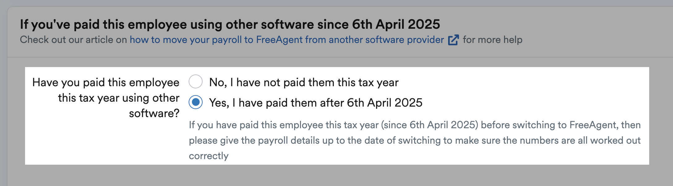 Option for having paid the employee after the start of the tax year being selected