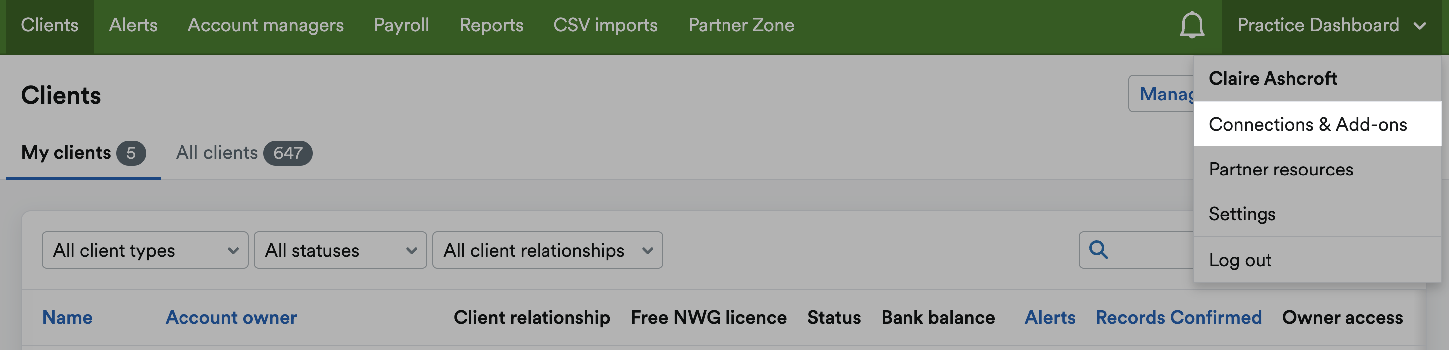 ‘Connections & Add-ons’ highlighted on the drop-down menu beneath an example company name.