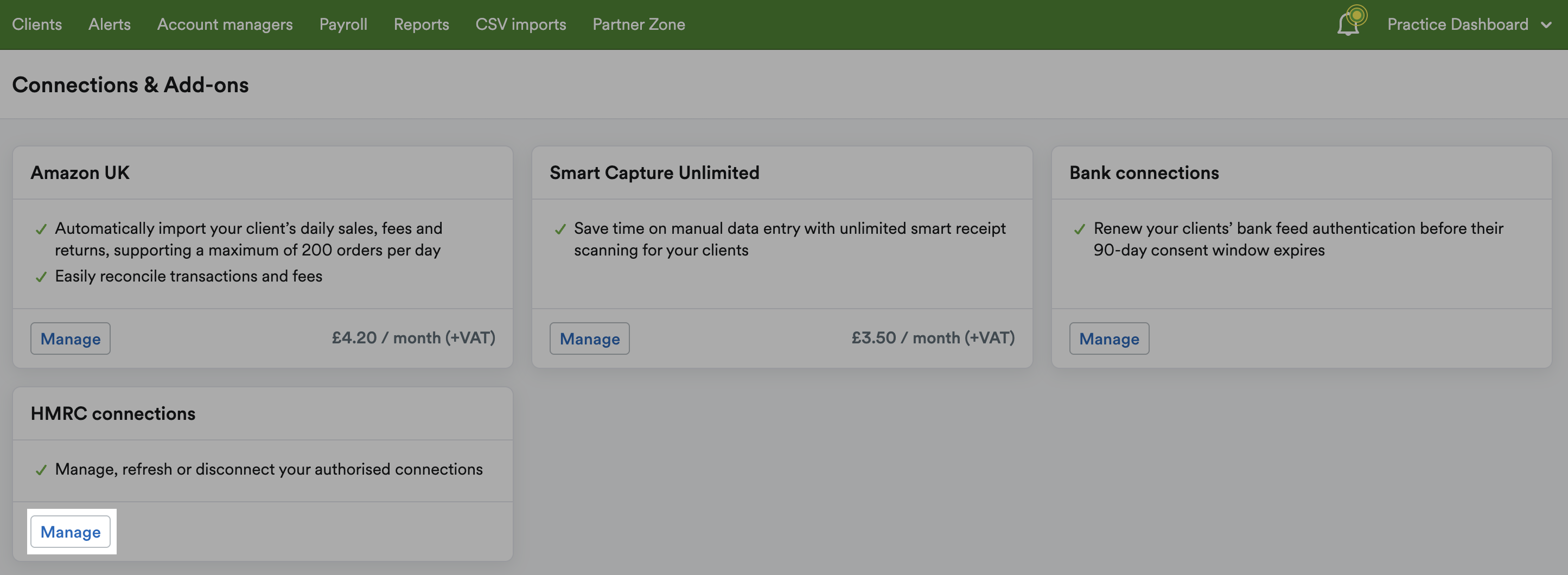 Connections & Add-ons area with Manage button highlighted for HMRC connections