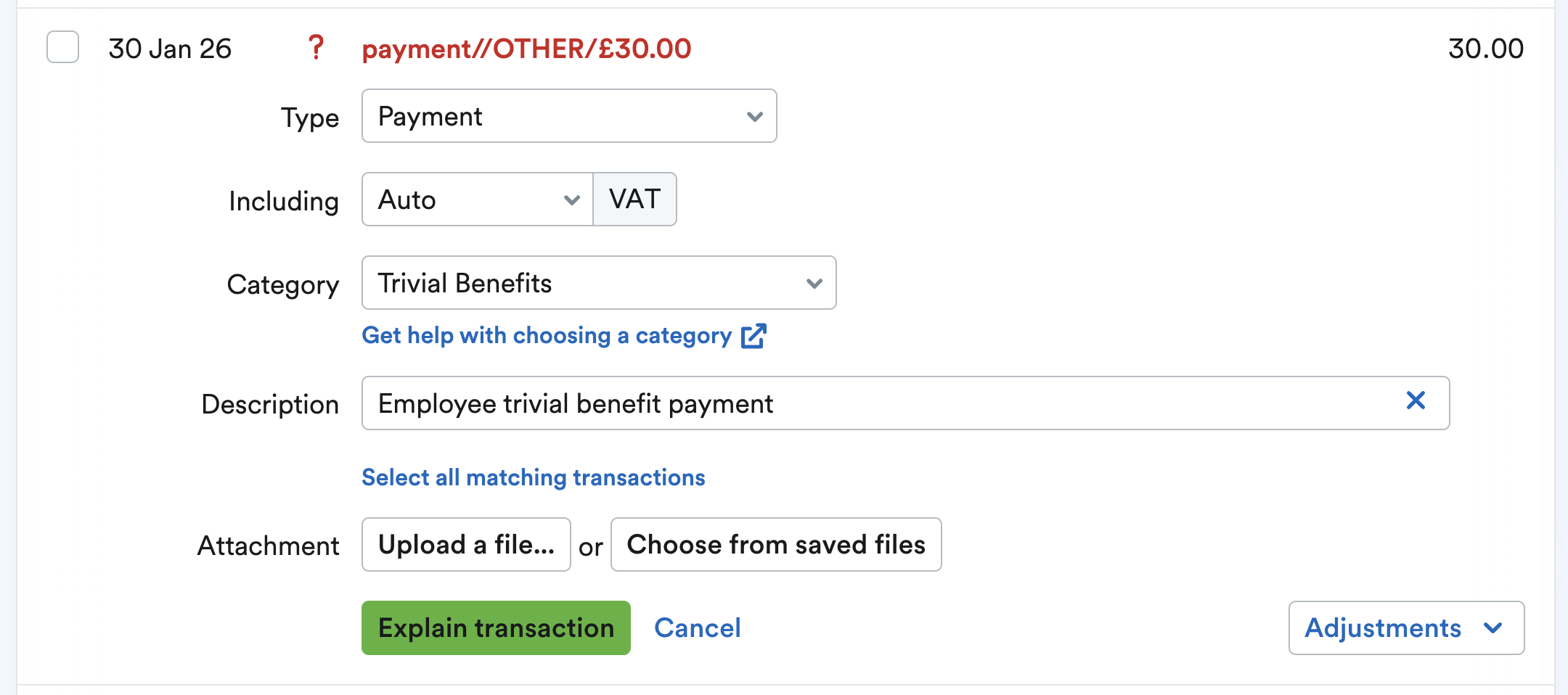 Bank transaction being explained as a payment to Trivial Benefits category created earlier