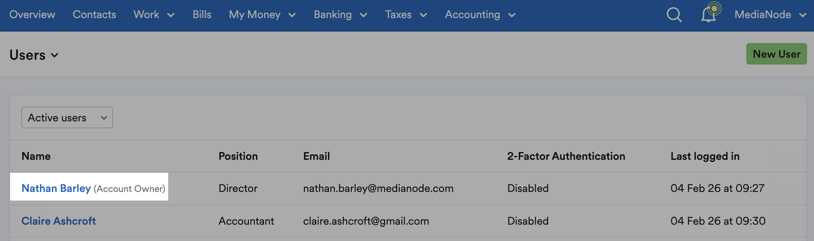 Name highlighted on list of Users.