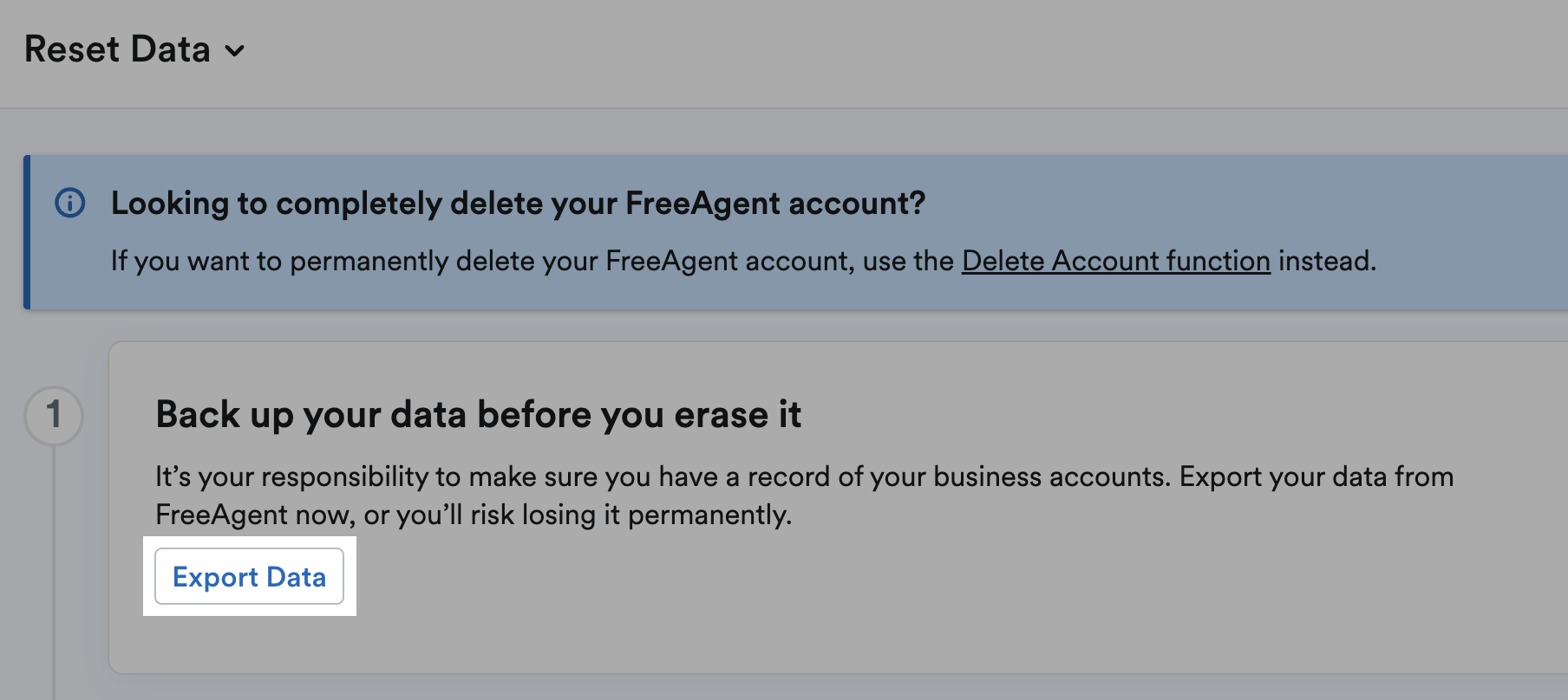 Reset data screen with Export Data button highlighted