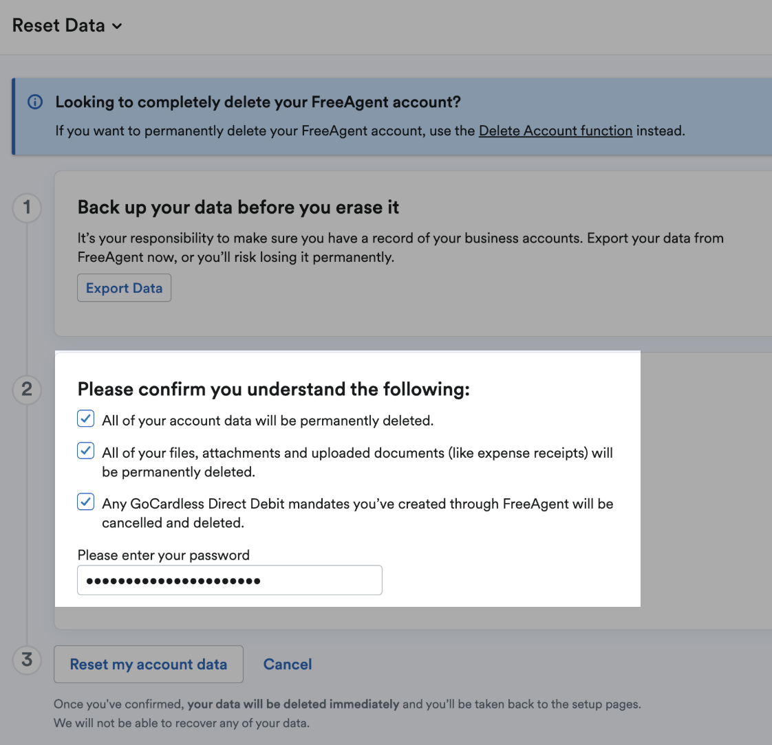 Check list for confirming understanding of implications of resetting the data