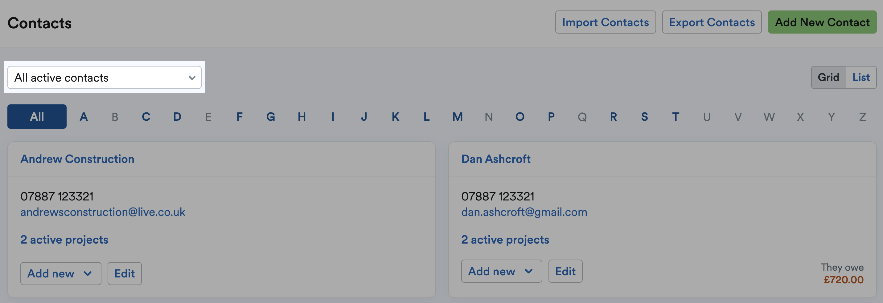 All active contacts filter on the Contacts screen