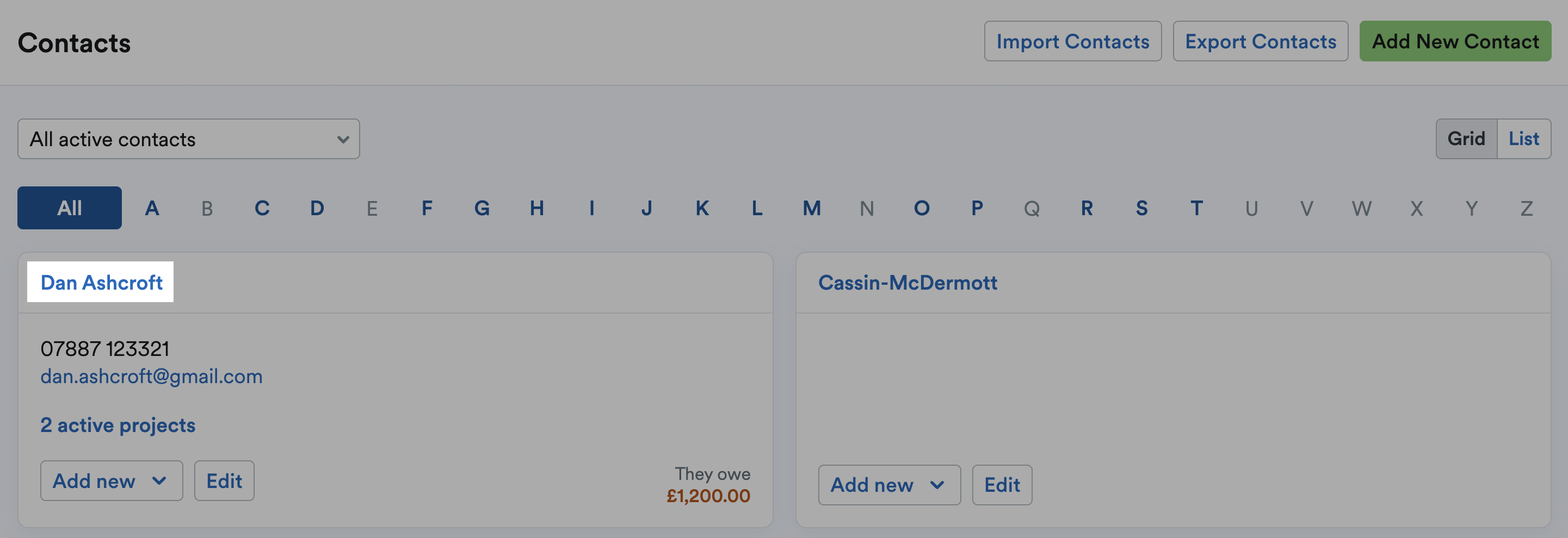 Contacts name highlighted
