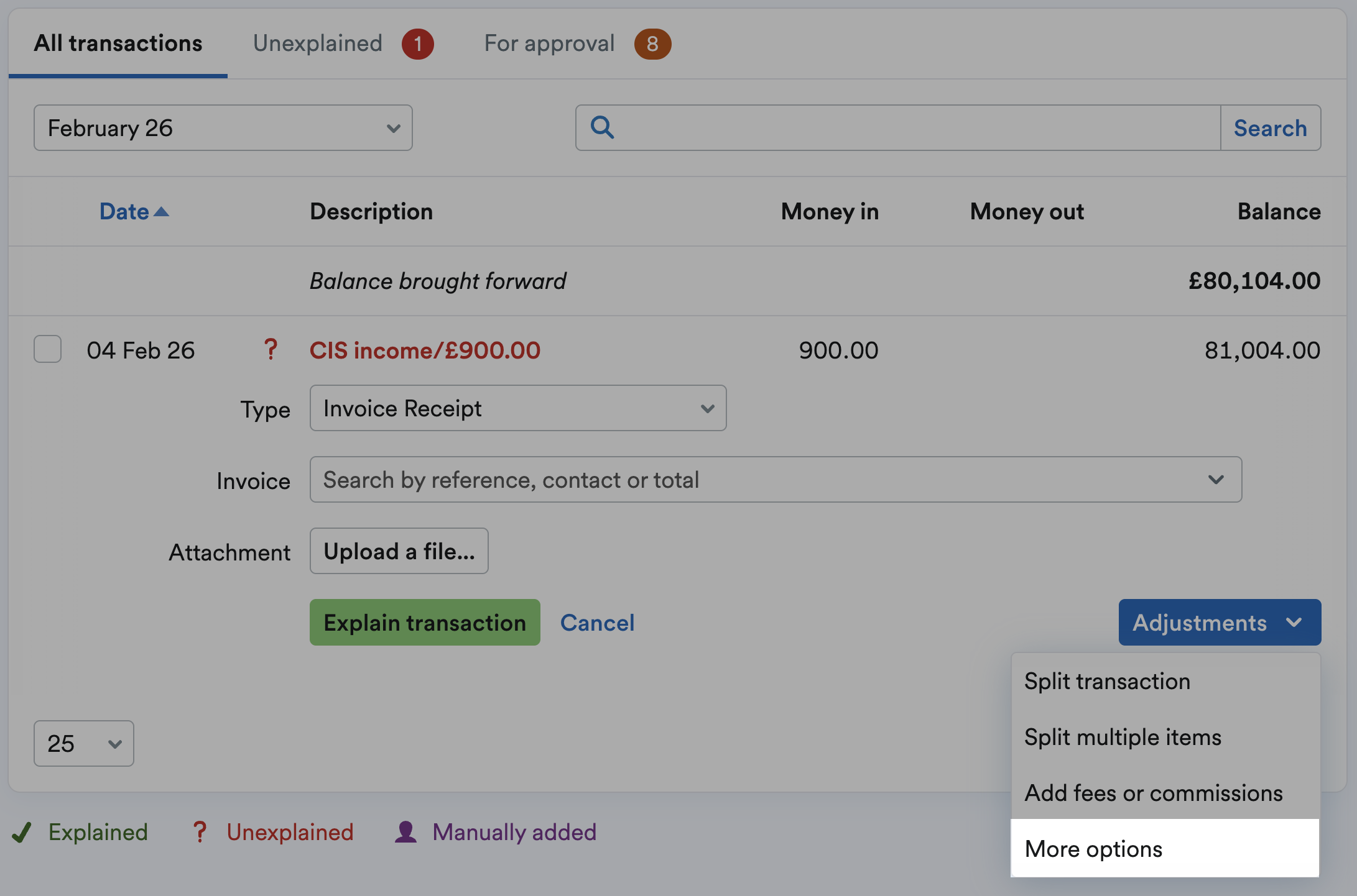 More options highlighted within drop-down menu below Adjustments button on the bank transaction