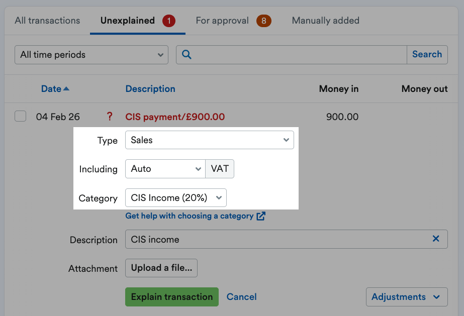 Sales selected from the Type menu and CIS Income category selected from the Category drop-down menu and highlighted