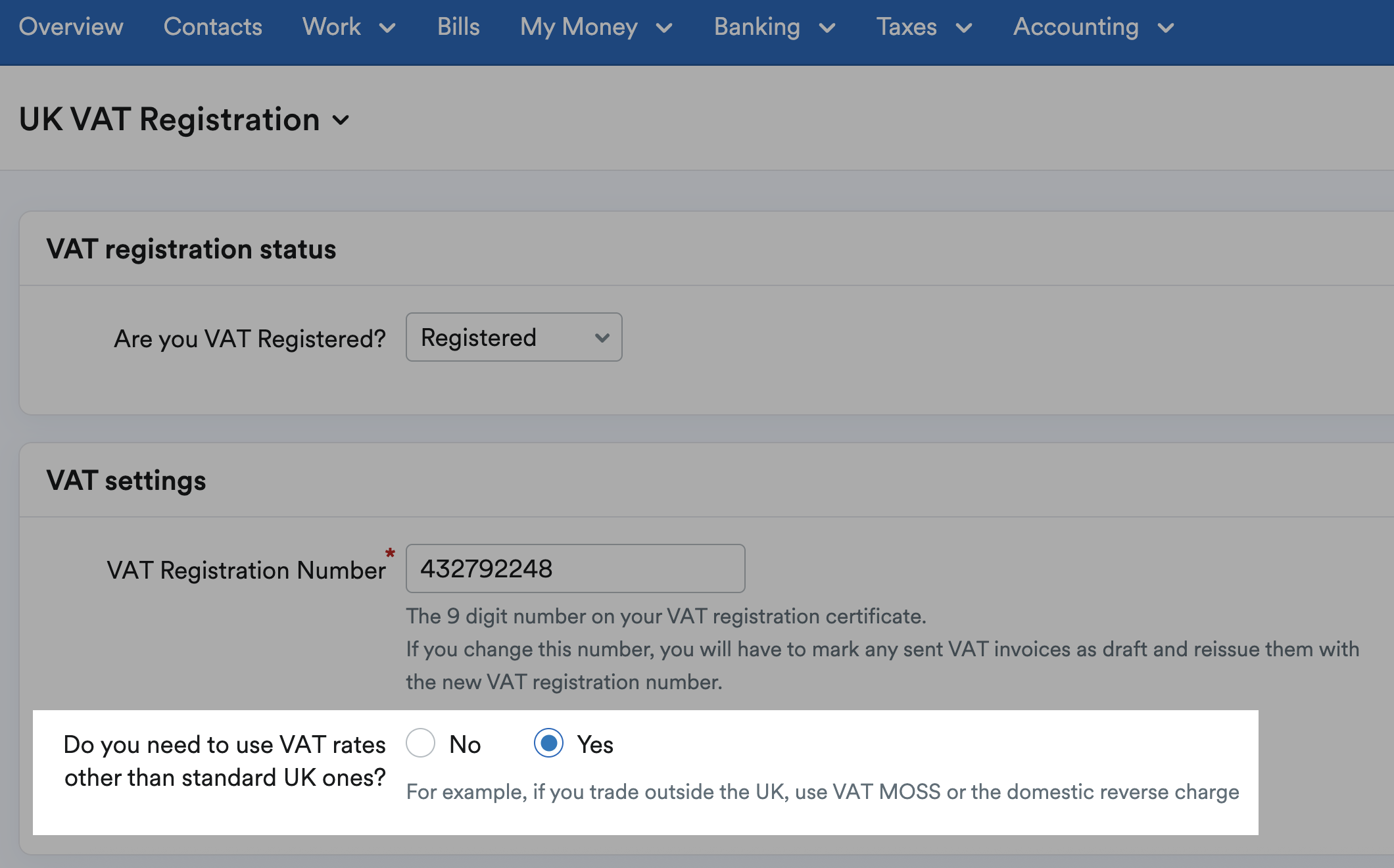 Non-standard VAT rates enabled in VAT Registration settings