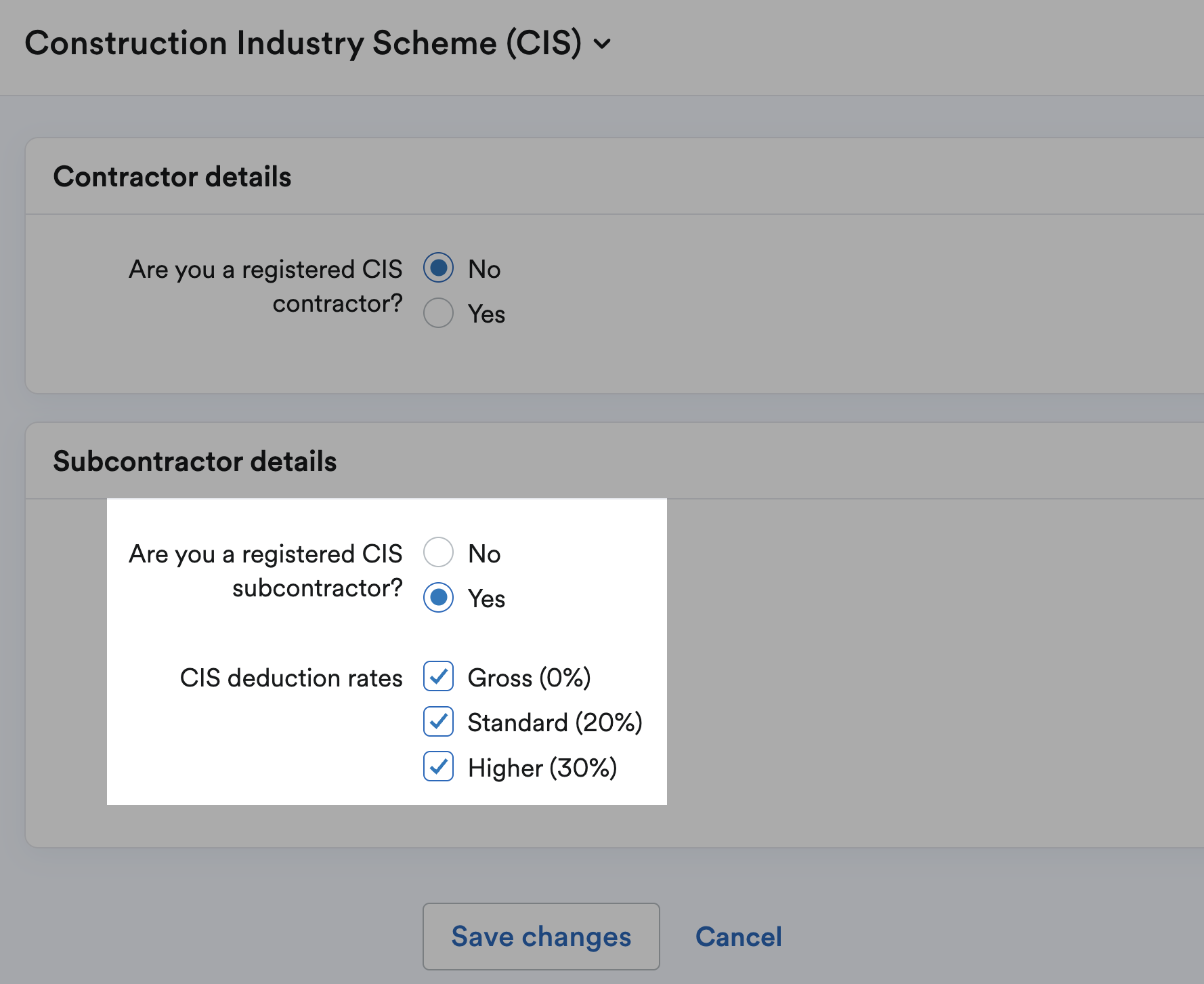 CIS settings with subcontractor settings and CIS deduction rates enabled