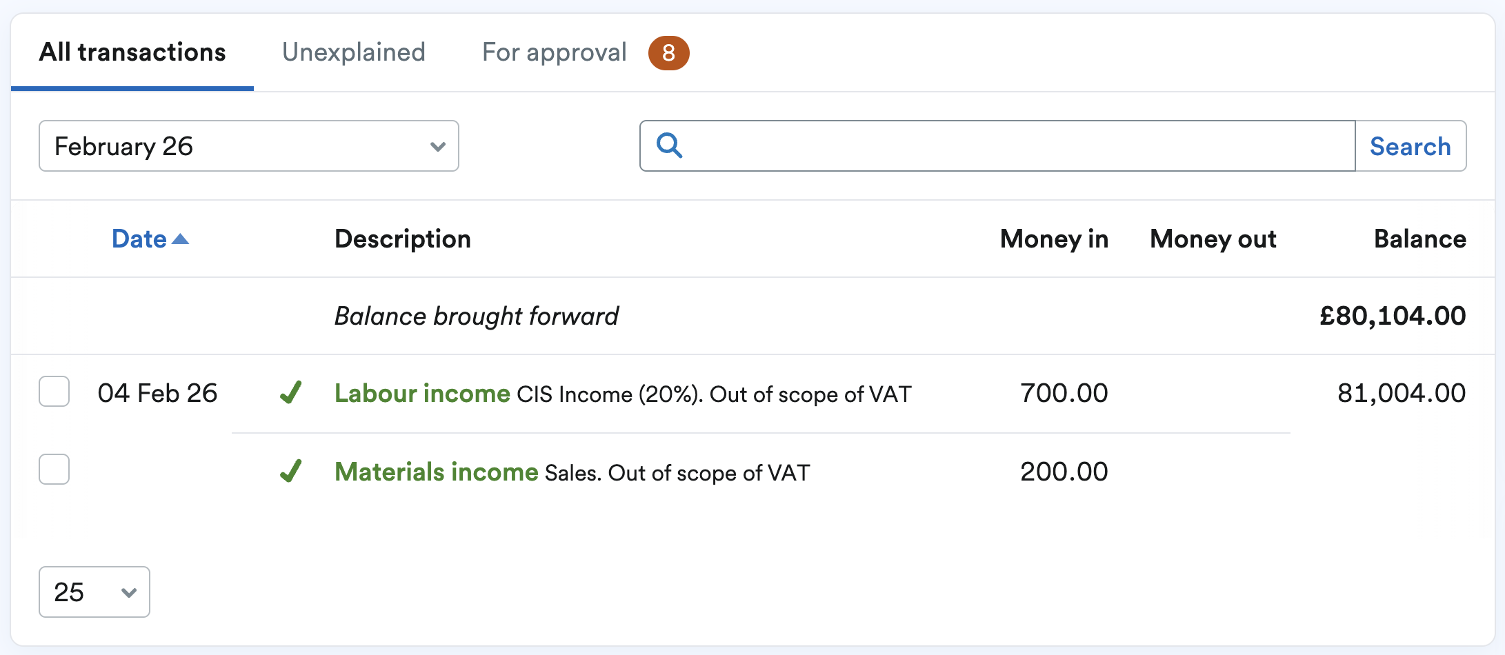 Bank transaction showing as split between labour and materials income