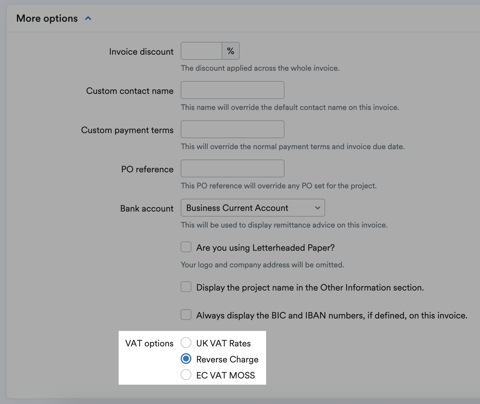 More options section of invoice form with Reverse Charge selected as VAT option and highlighted