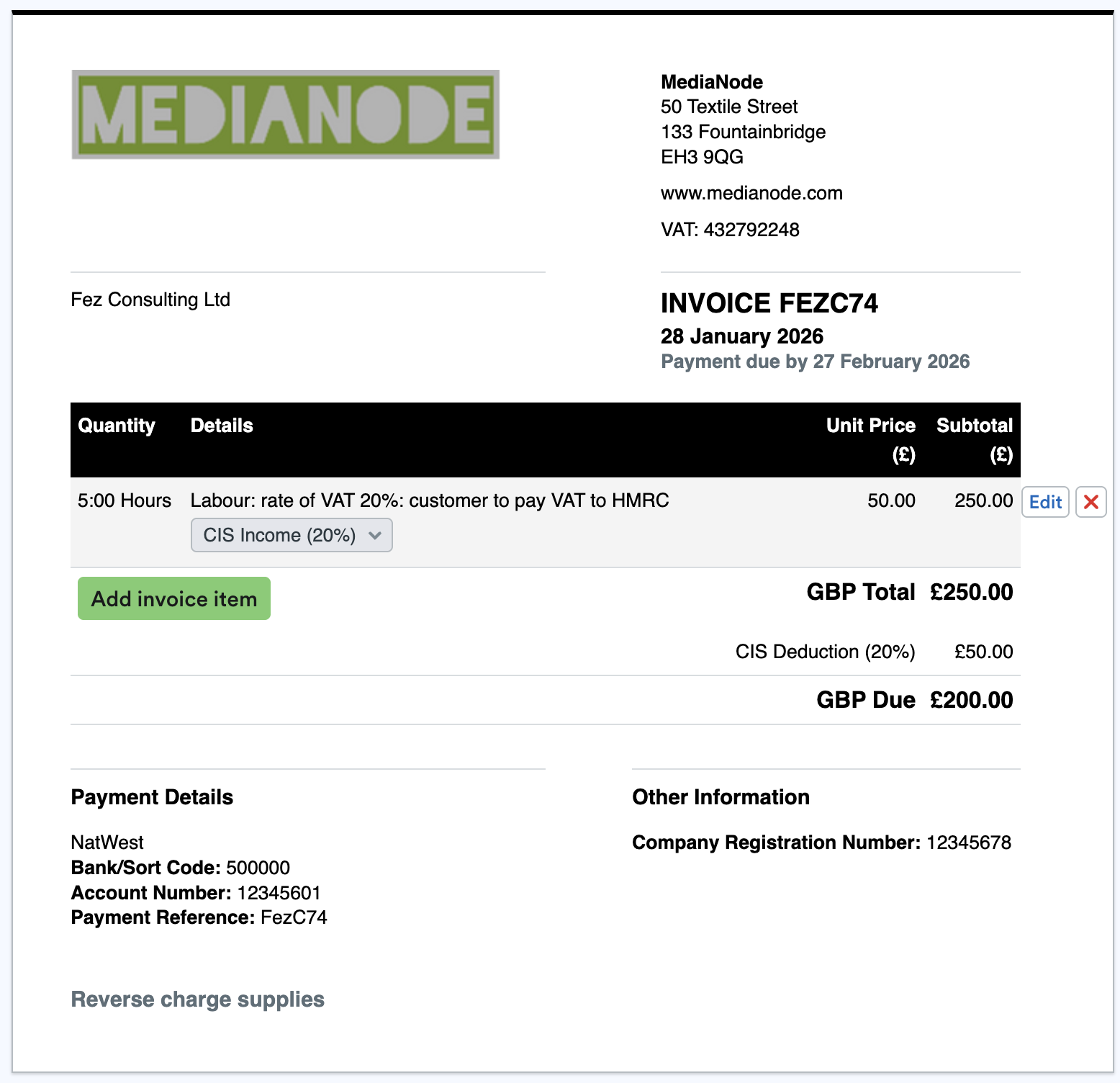 Example of the line item on an invoice