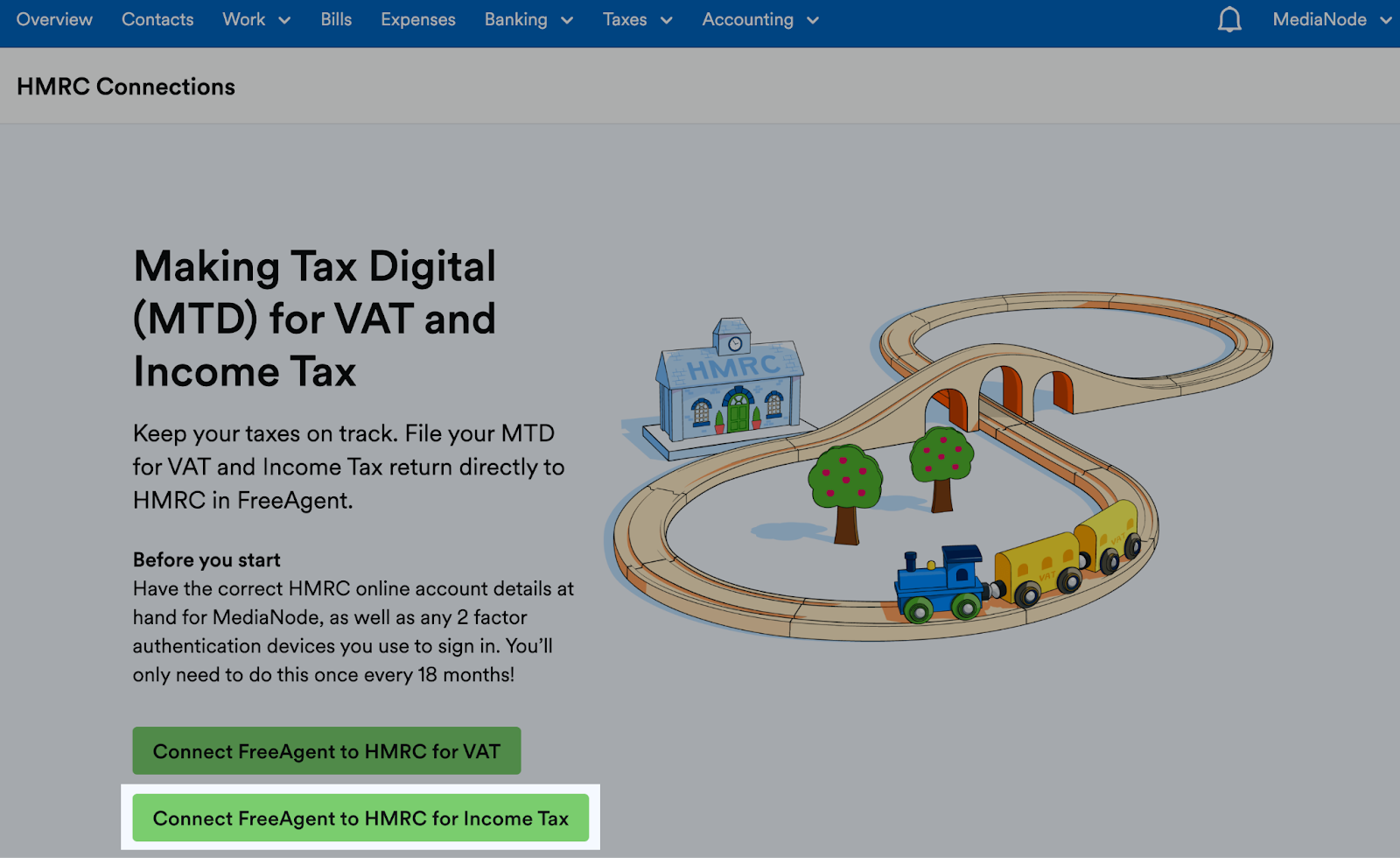 'Connect FreeAgent to HMRC for Income Tax' button highlighted on HMRC Connections page.