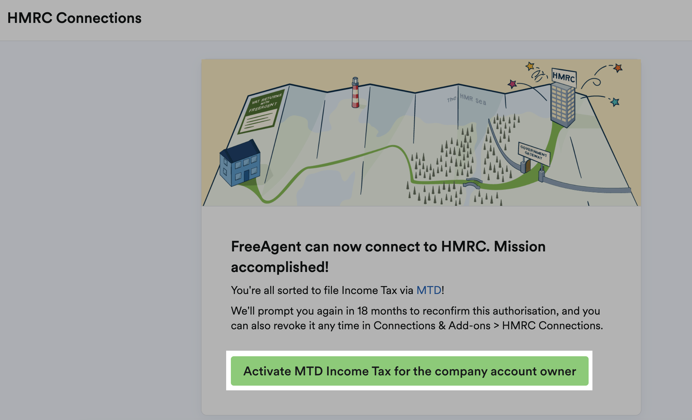 HMRC Connections page with Activate MTD Income Tax for the company account owner