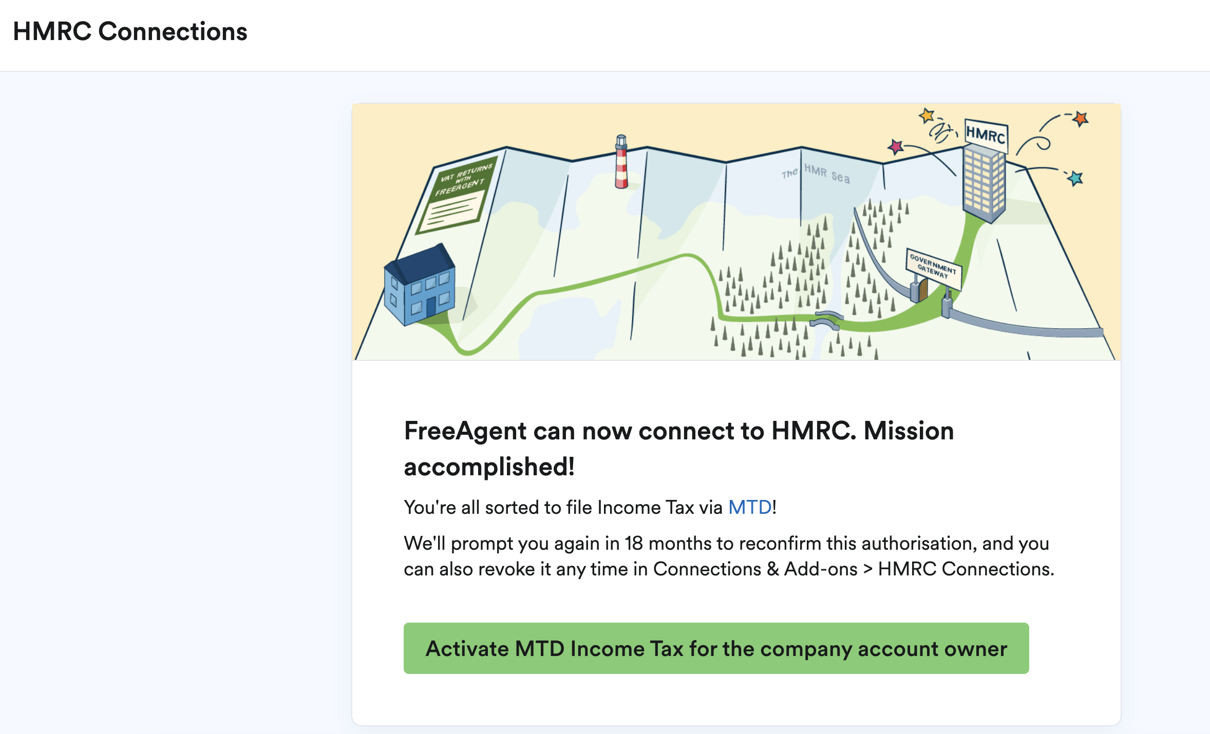 HMRC Connections page with MTD Income Tax connection successfully set up 