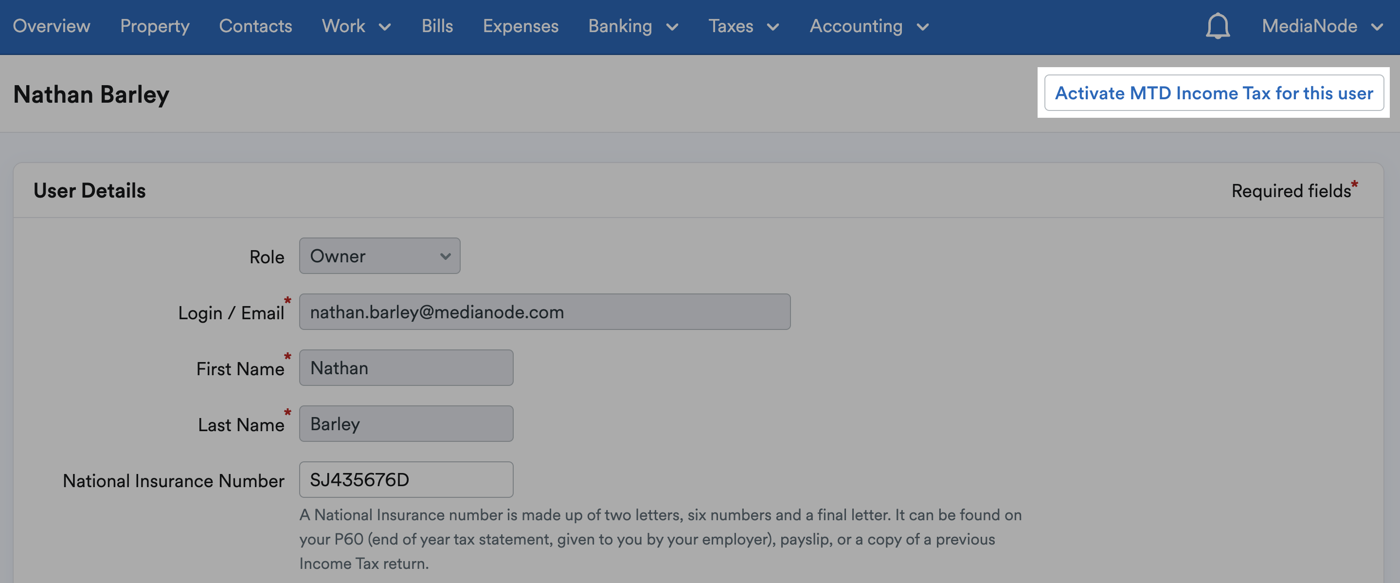 'Activate MTD for Income Tax for this user' button highlighted on user's page.