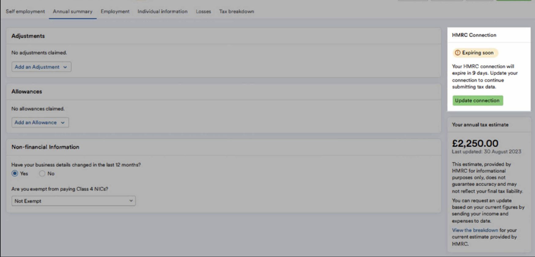HMRC Connection section showing that the connection is ‘Expiring soon’.