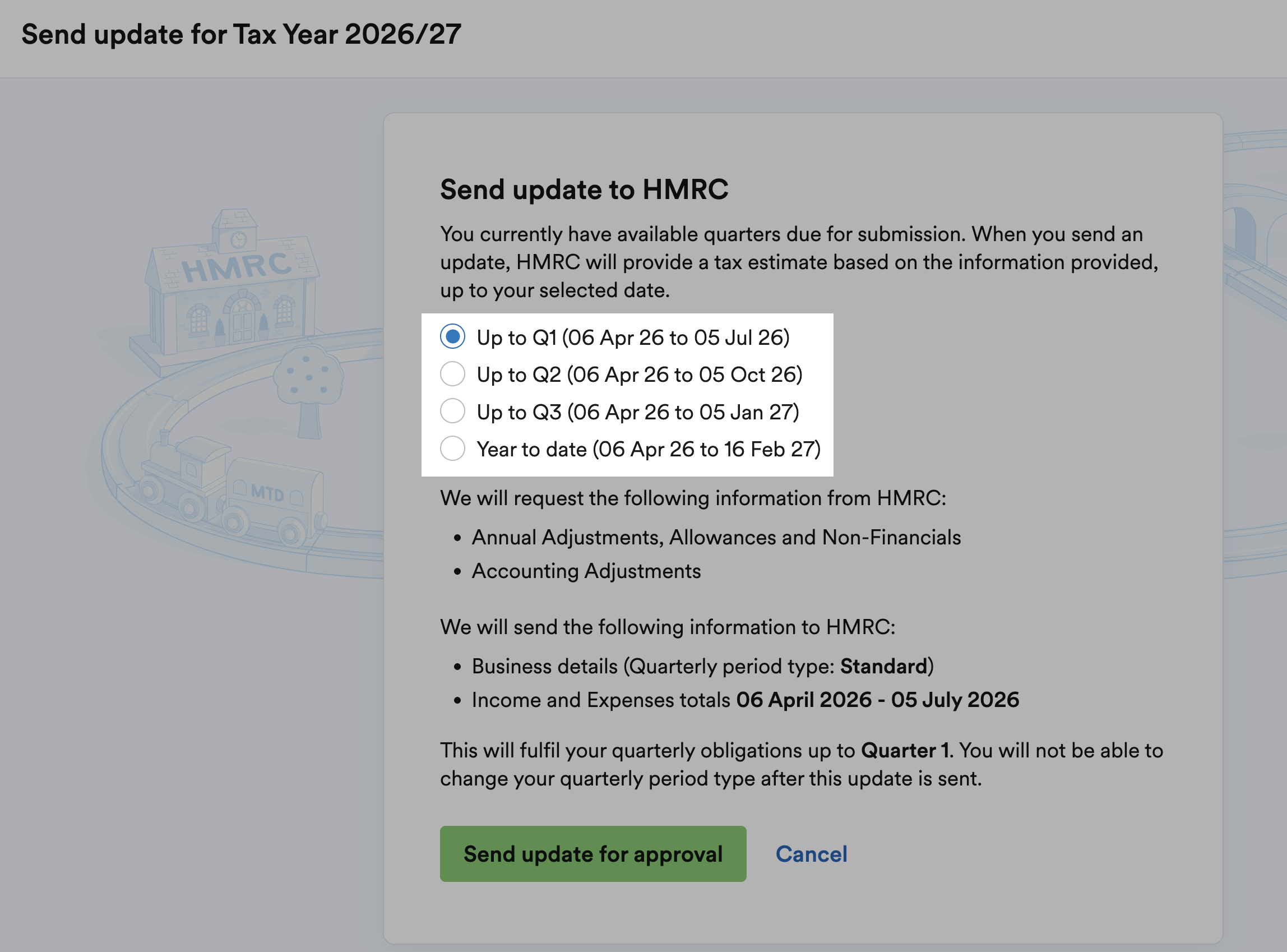 Options to select for each quarter and the year to date.
