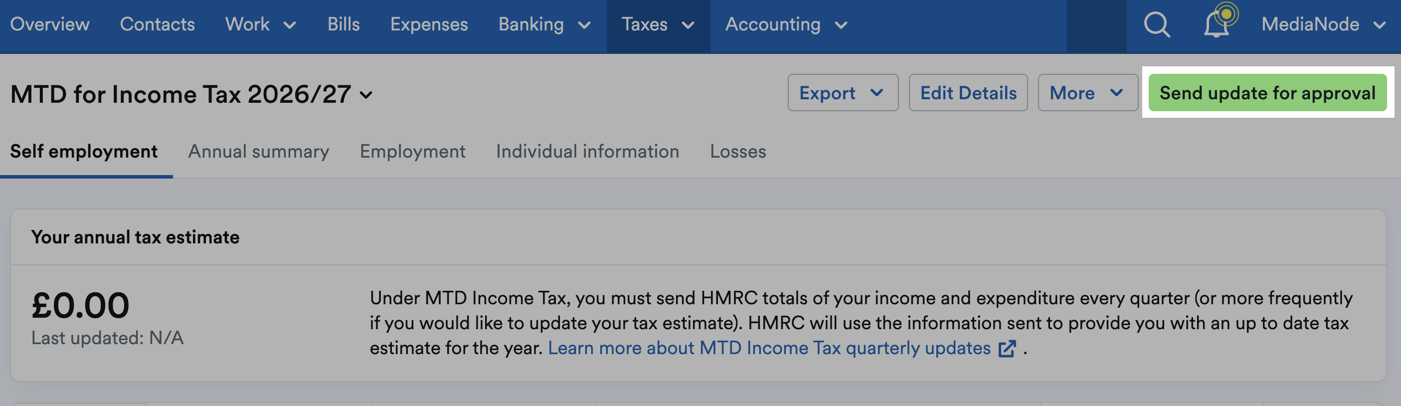 'Send update for approval' button highlighted at top of MTD for Income Tax area.