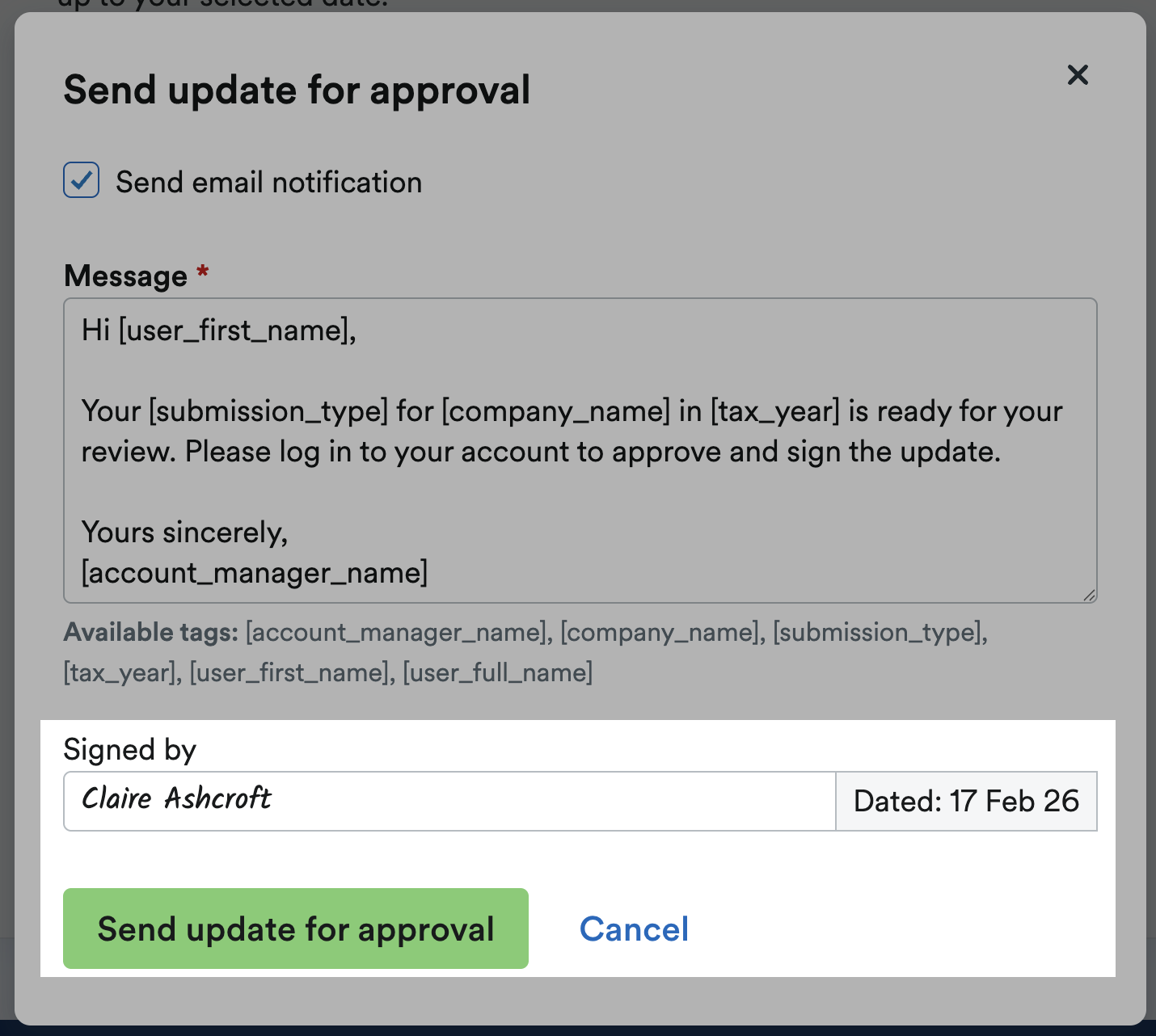 'Signed by' box with signature input and 'Send update for approval' button highlighted below it.