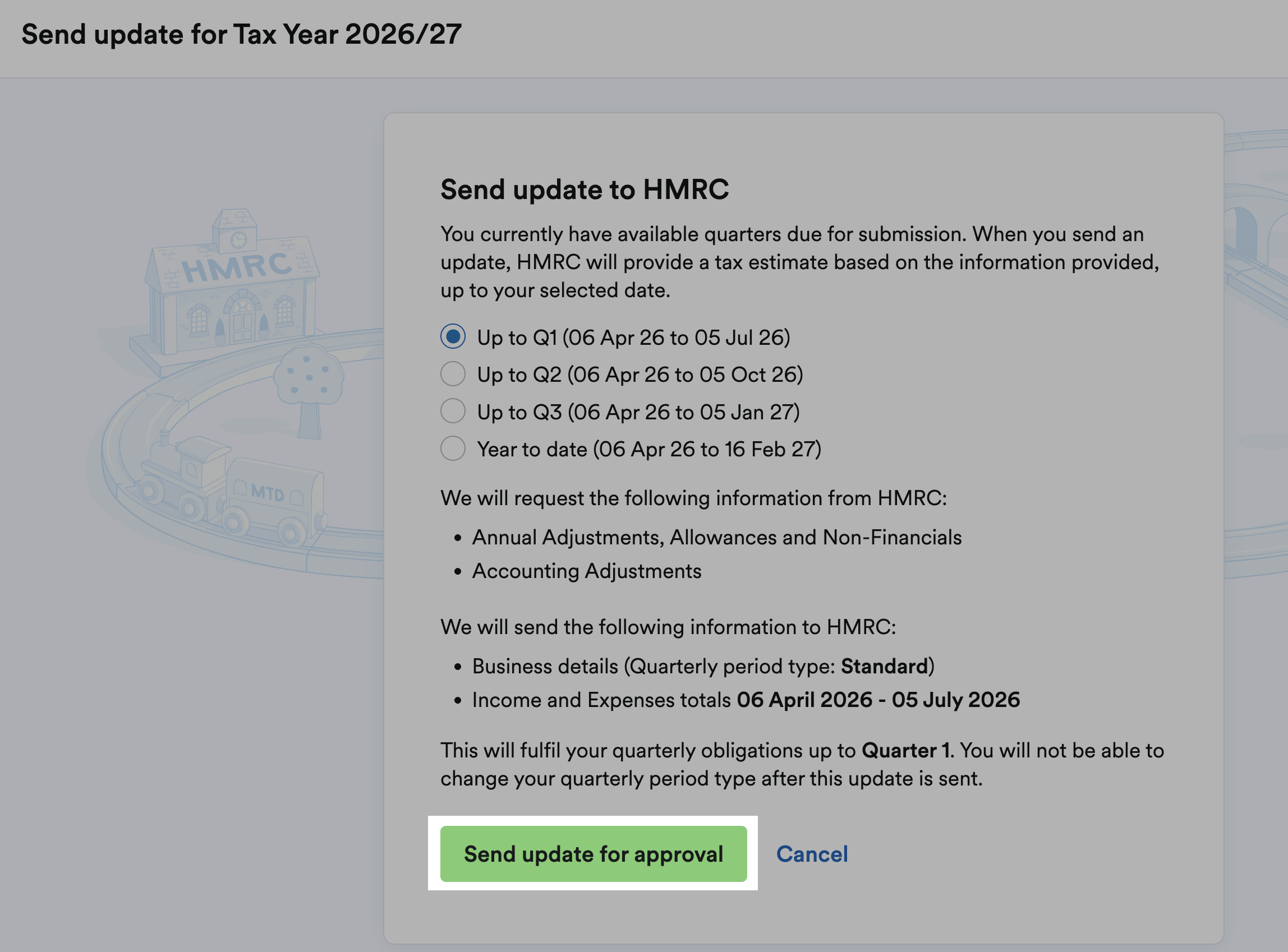 'Send update for approval' button highlighted at bottom of 'Send update to HMRC' box.