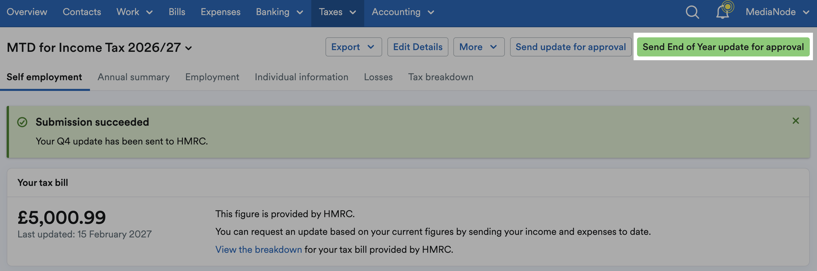 'Send End of Year update for approval' button highlighted at top of page.